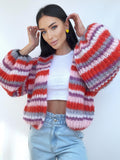 Hand knit mohair striped patchwork cardigan sweater Chunky knit colour block cardigan Multicolour Sweater Colourful Oversized Cardigan