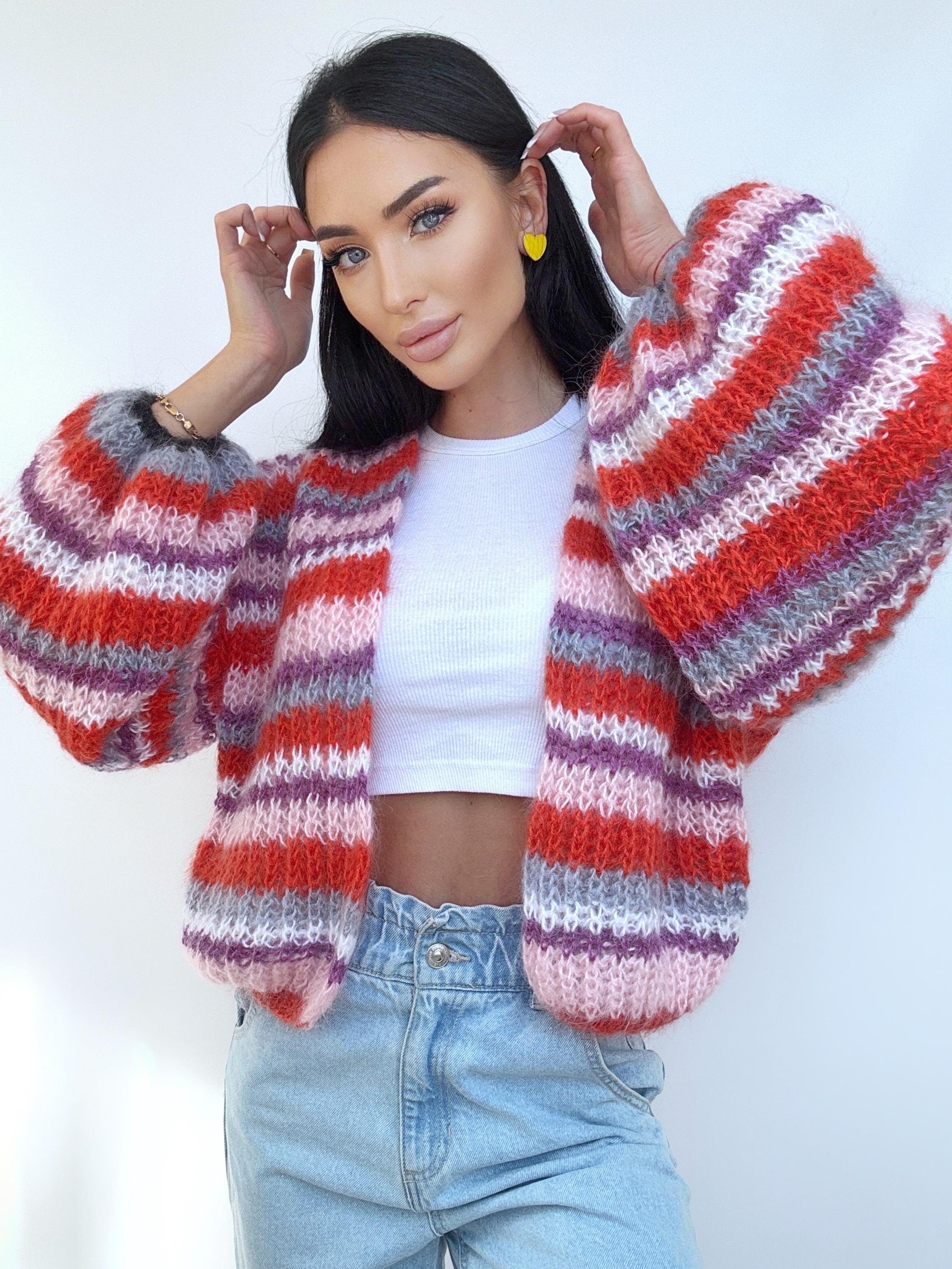 Hand knit mohair striped patchwork cardigan sweater Chunky knit colour block cardigan Multicolour Sweater Colourful Oversized Cardigan