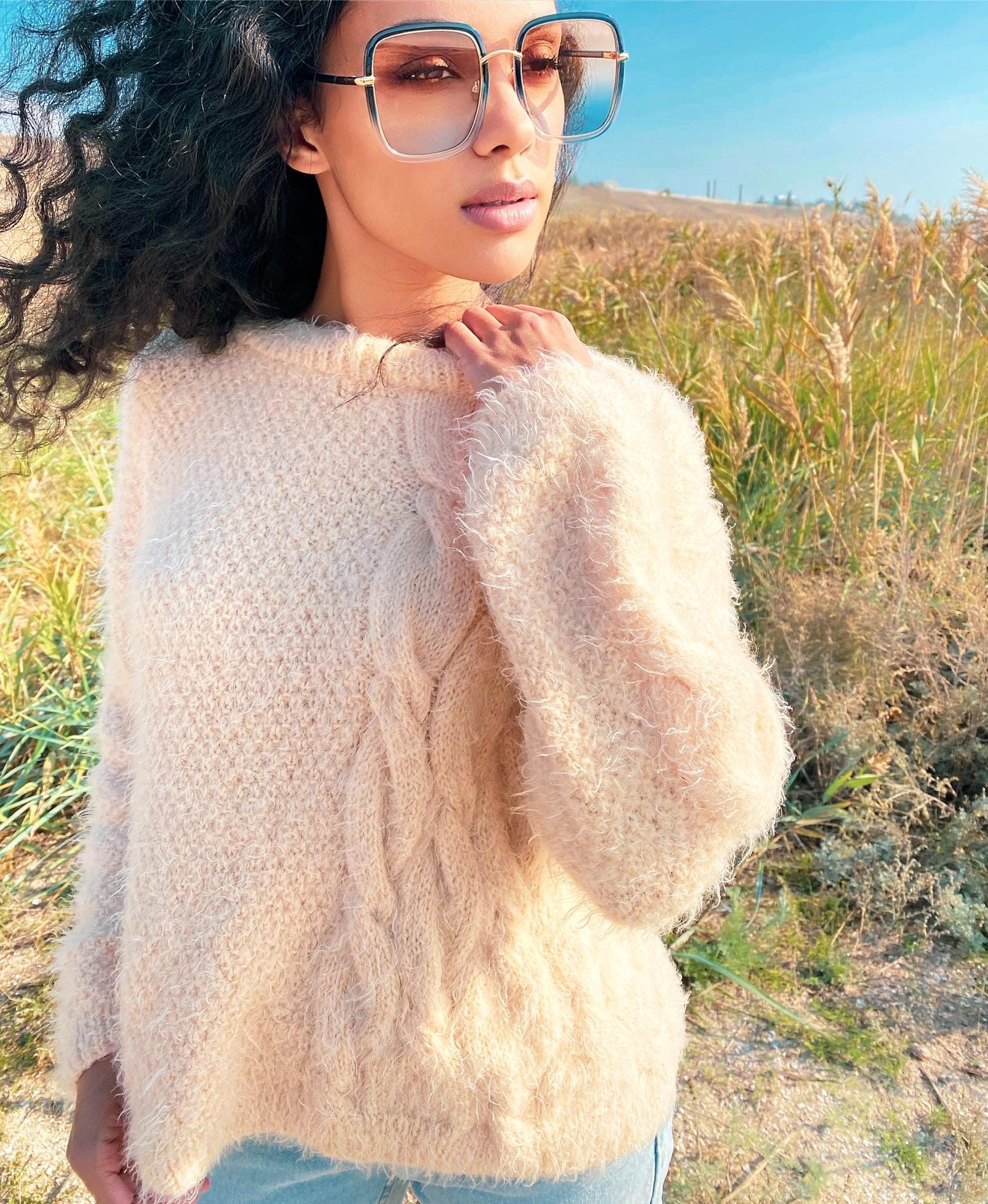 Soft fluffy free wool hand knitted oversized sweater women Eco body friendly Pastel Beige pullover Long sleeve pastel jumper Sustainable