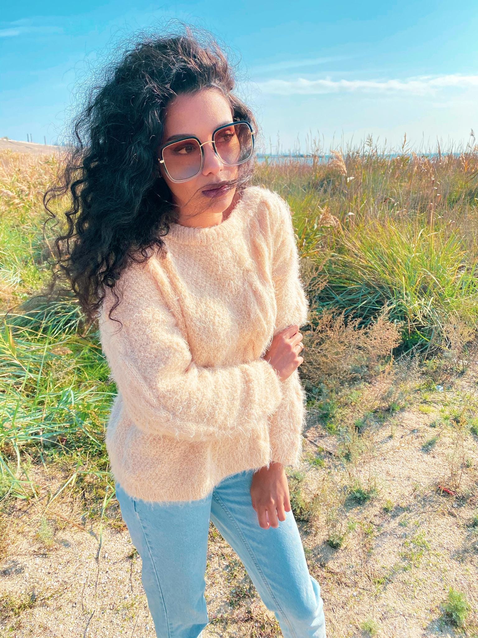 Soft fluffy free wool hand knitted oversized sweater women Eco body friendly Pastel Beige pullover Long sleeve pastel jumper Sustainable