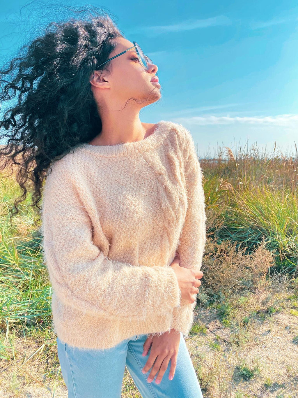 Soft fluffy free wool hand knitted oversized sweater women Eco body friendly Pastel Beige pullover Long sleeve pastel jumper Sustainable