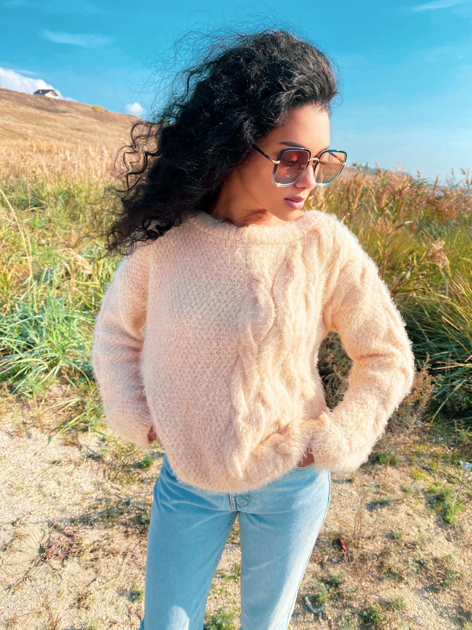 Soft fluffy free wool hand knitted oversized sweater women Eco body friendly Pastel Beige pullover Long sleeve pastel jumper Sustainable