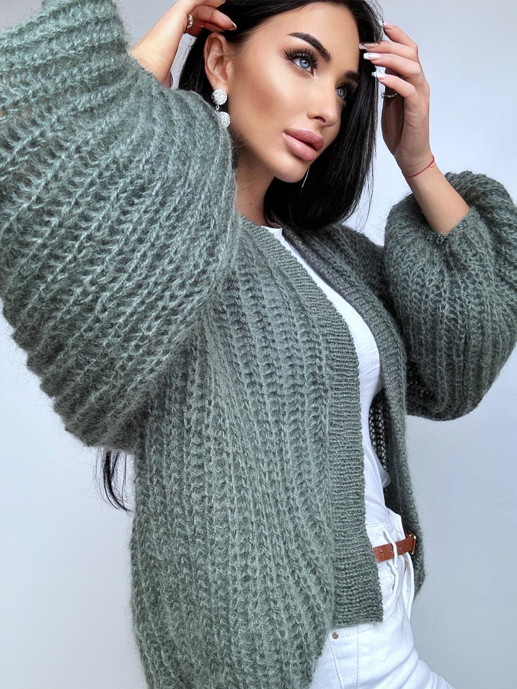 Knit mohair wool Khaki Green cardigan women Wedding cardigan Mohair sweater knitted coat Jacket Women Wool Fluffy crop bolero cardigan
