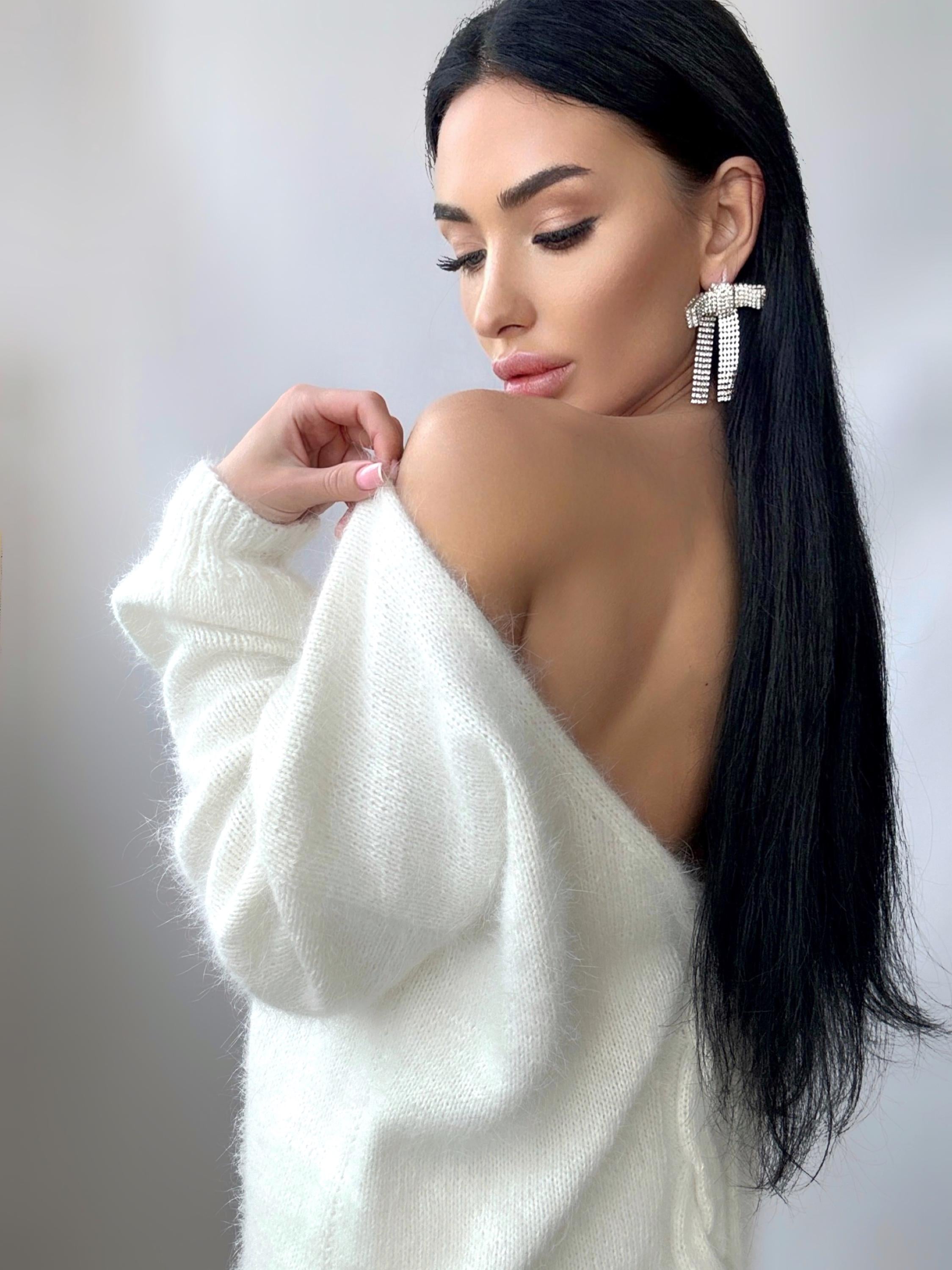 White Milk Cream angora sweater Open back Deep neckline Knit fluffy angora pullover Loose fit oversized V-neck Top long sleevs Cozy gift her
