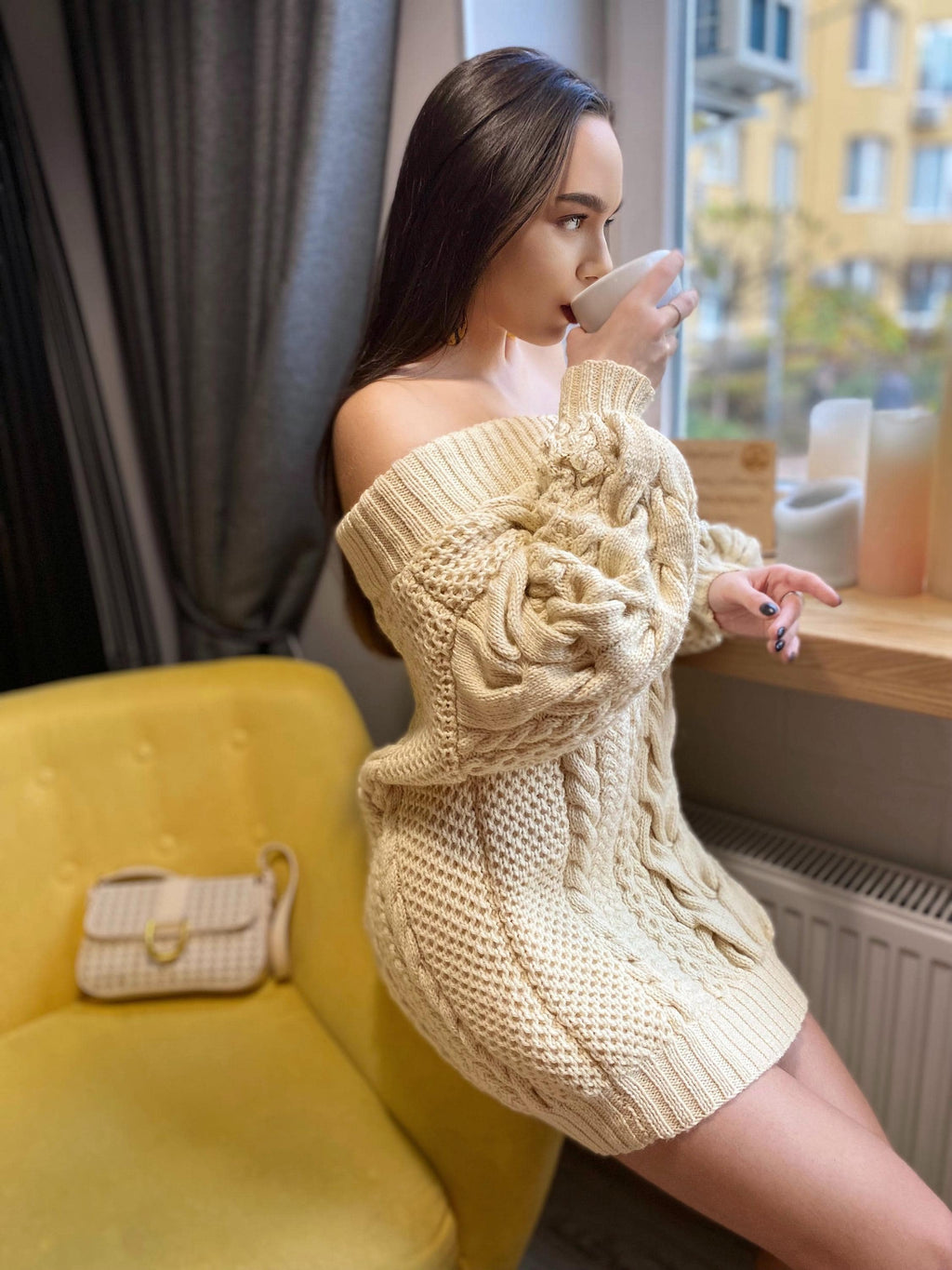 Hand knit merino wool mixture sweater dress Pastel cream off shoulder sweater Knitted jumpsuit dress sweater Loose knit jumper Eco pullover