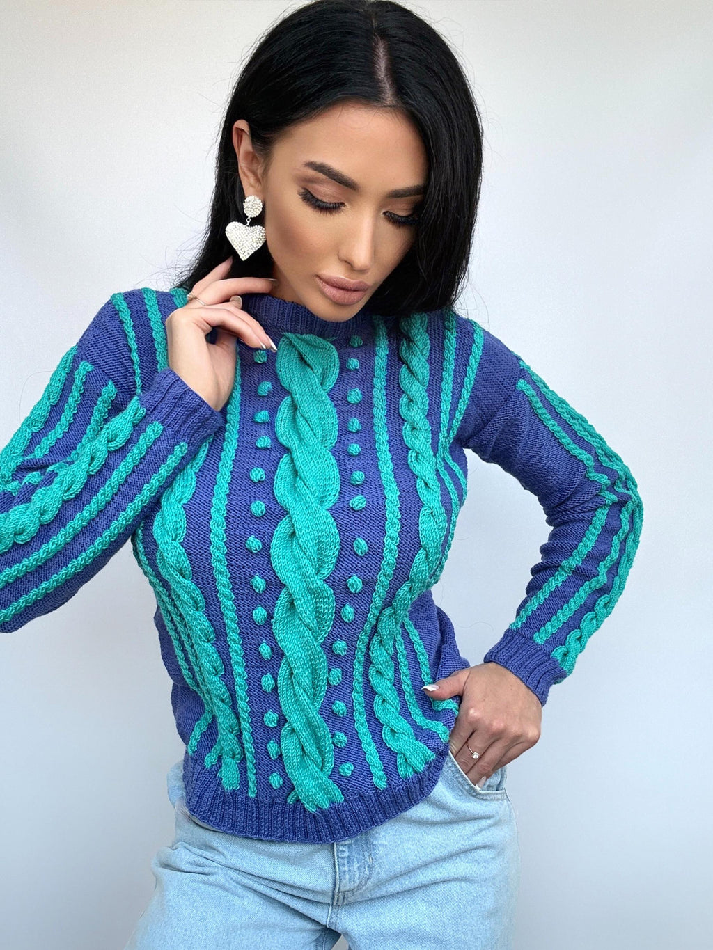 Knitted blue green turquoise fall womens sweater Braid embellishment beads pearl Knit Merino wool cable knit organic sustainable sweater