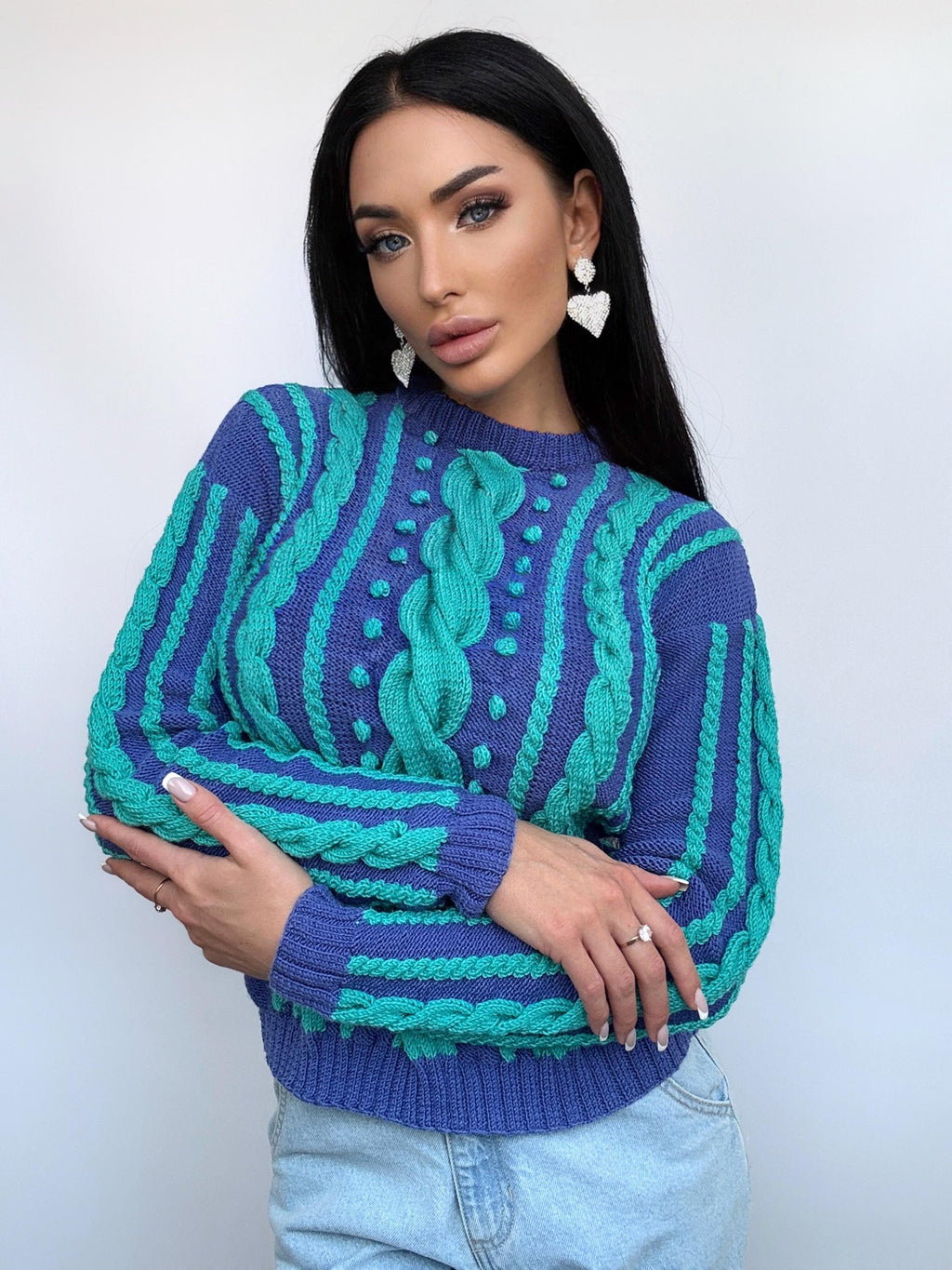 Knitted blue green turquoise fall womens sweater Braid embellishment beads pearl Knit Merino wool cable knit organic sustainable sweater