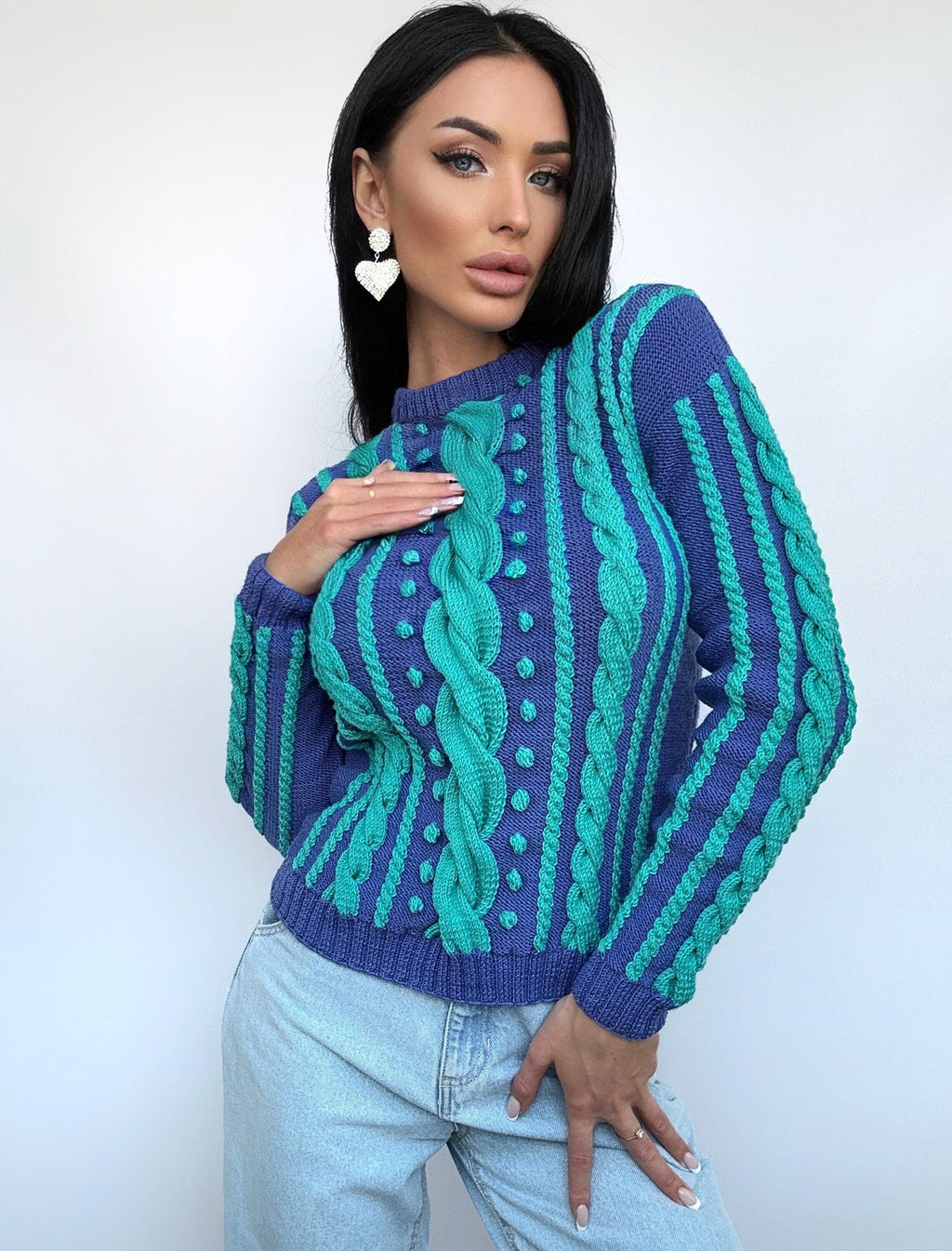 Merino wool hand knitted blue turquoise fall womens sweater Сable knit organic sustainable wool pullover Turtleneck Long narrow sleeves