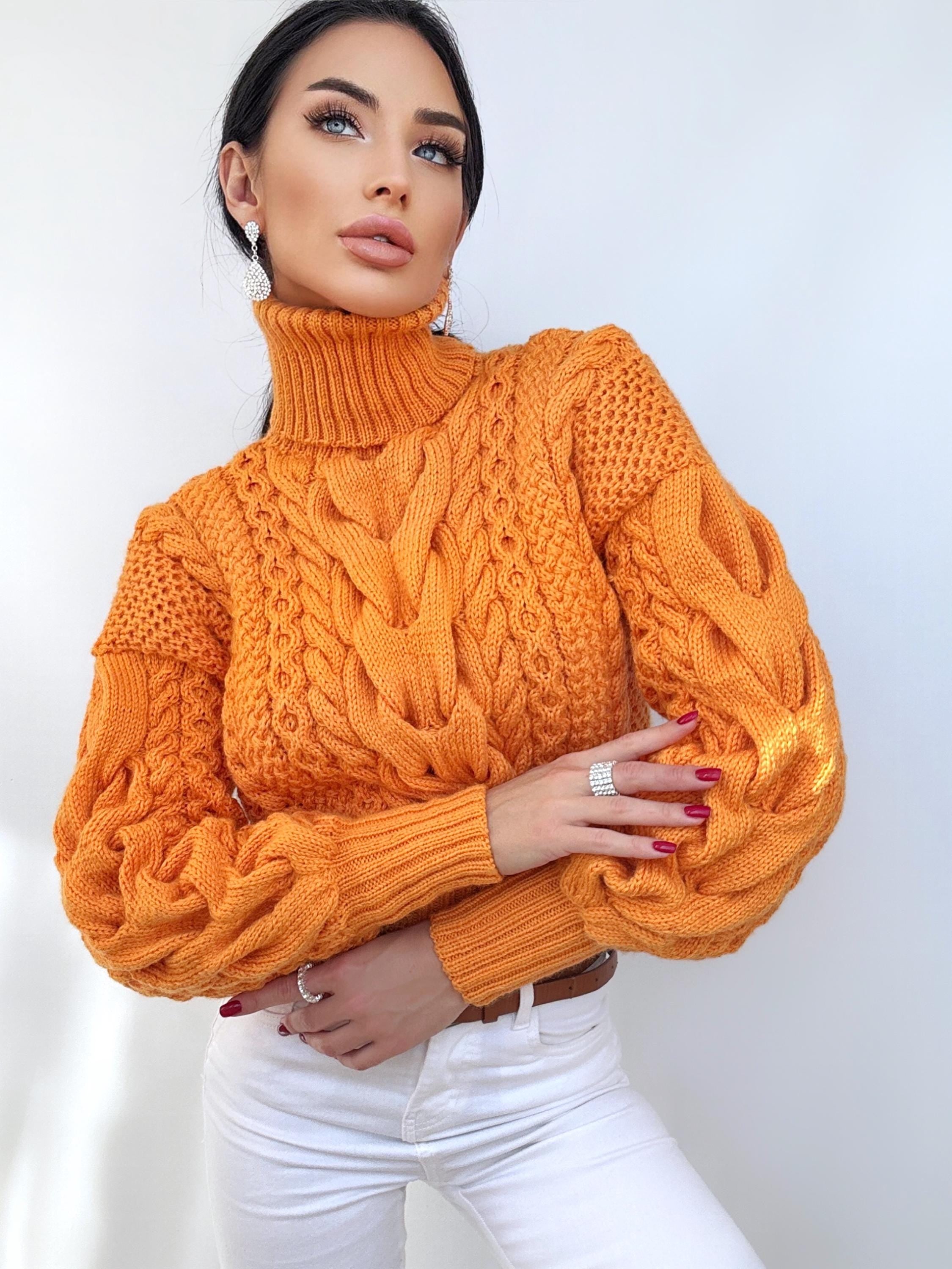Crop hand knit orange sweater Chunky Turtleneck Oversized Pullover Women's Cable knit Jumper merino wool sweater Halloween Pumpkin Sweater