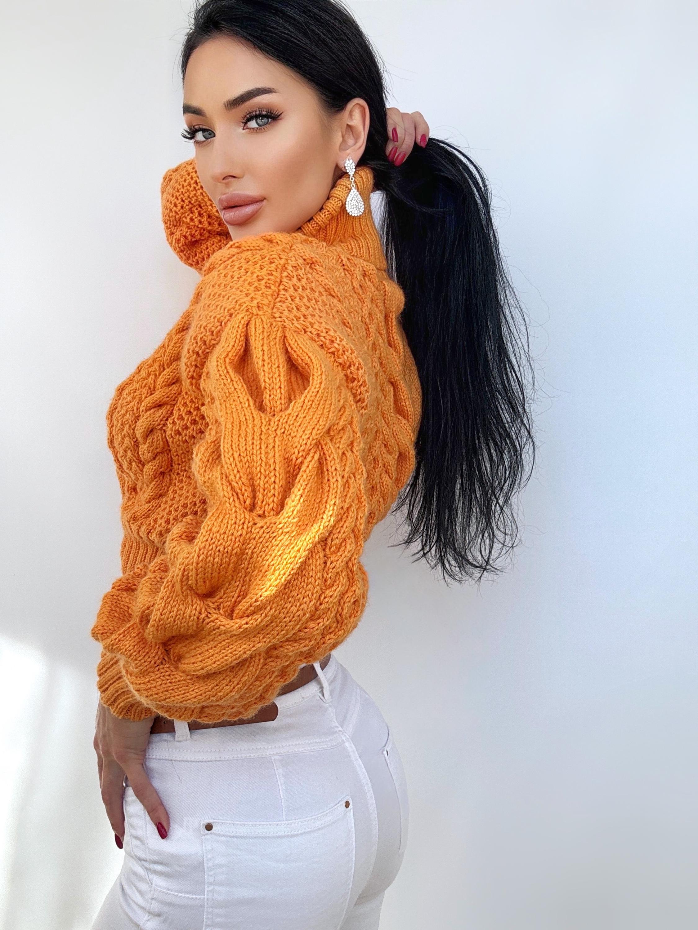 Crop hand knit orange sweater Chunky Turtleneck Oversized Pullover Women's Cable knit Jumper merino wool sweater Halloween Pumpkin Sweater