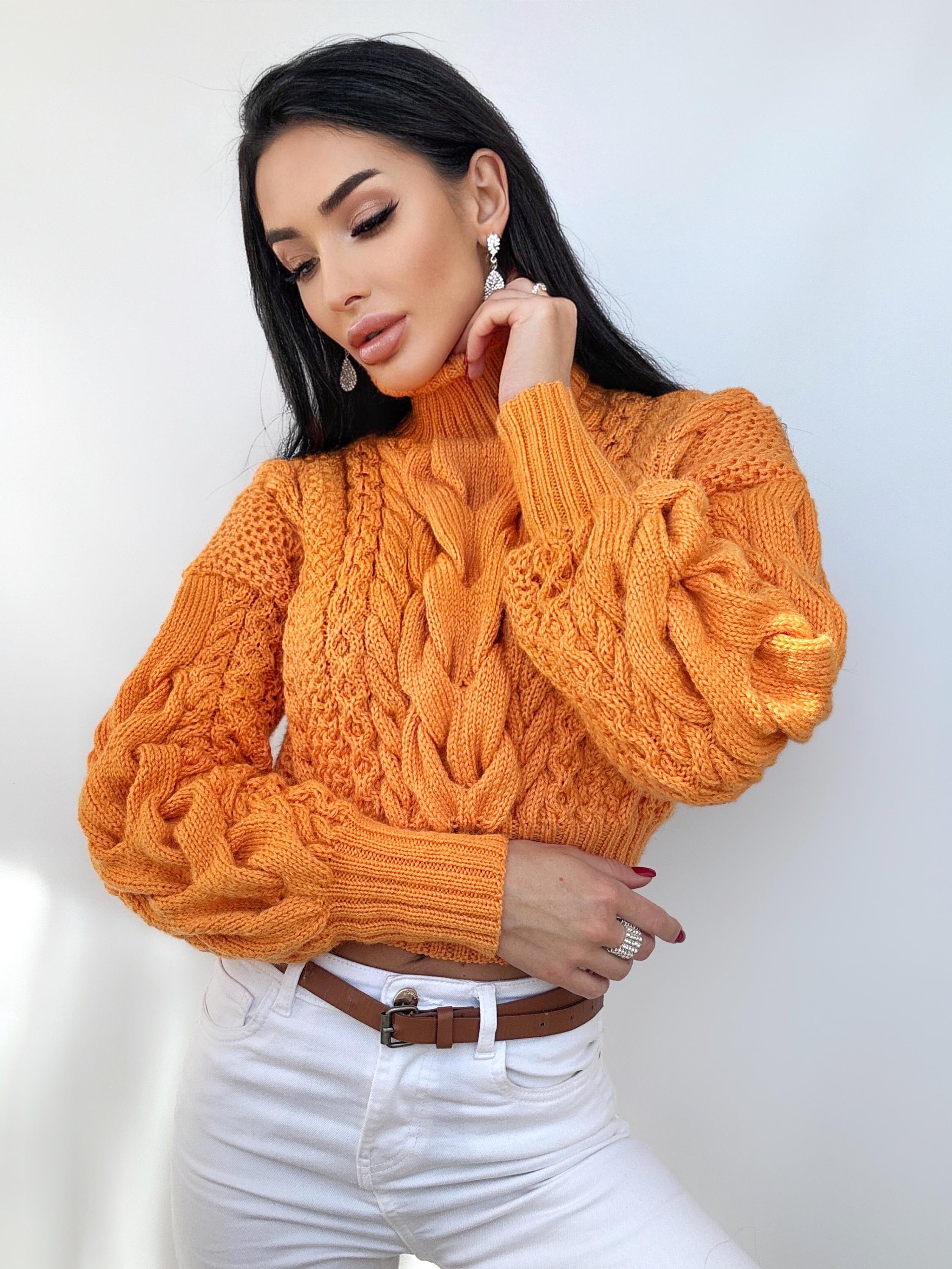 Crop hand knit orange sweater Chunky Turtleneck Oversized Pullover Women's Cable knit Jumper merino wool sweater Halloween Pumpkin Sweater