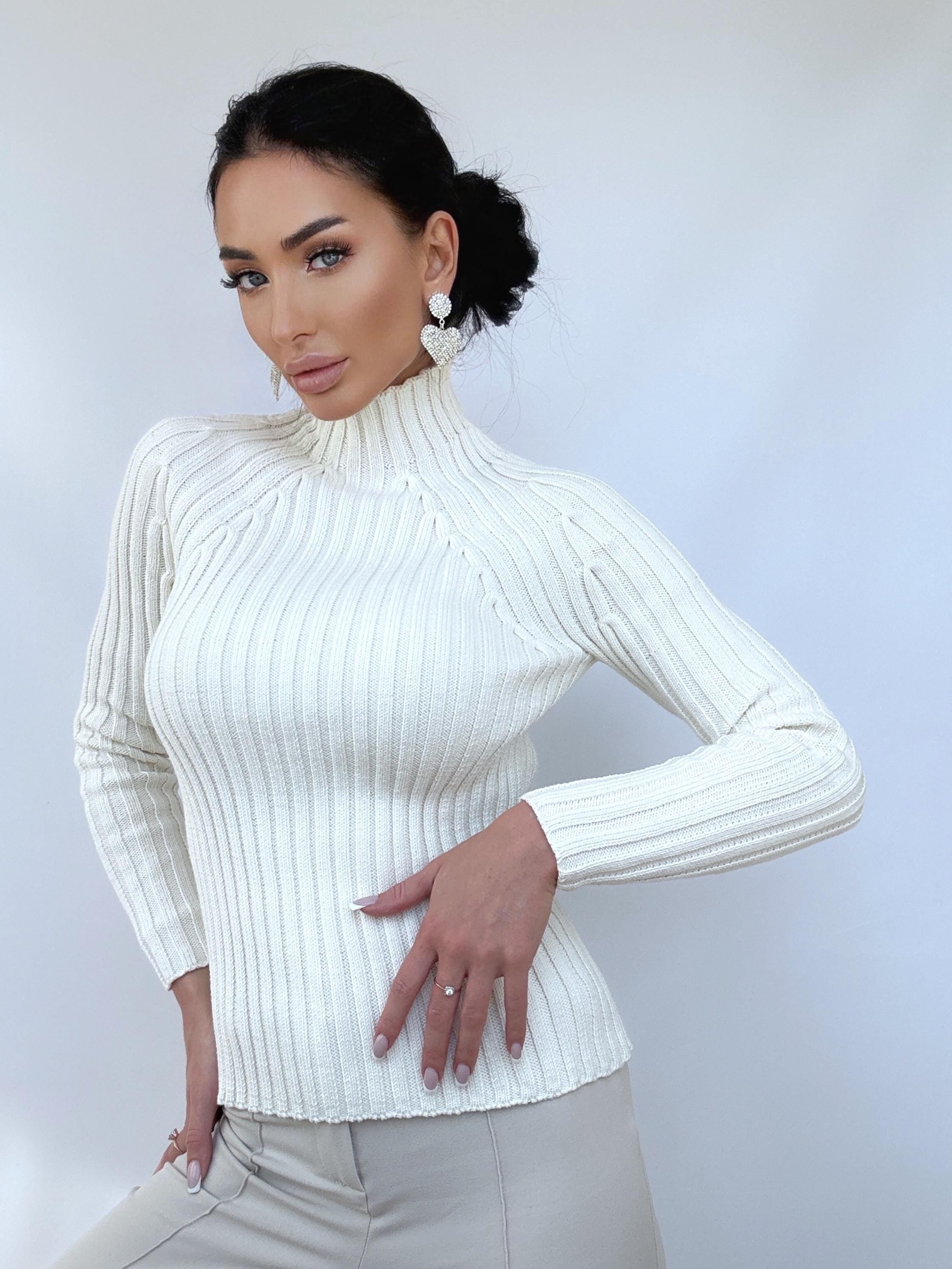 Organic Cotton Knit White Turtleneck for women Ribbed Knitted Sweater Passion Long Sleeve Sweater Comfortable body-friendly longsleve