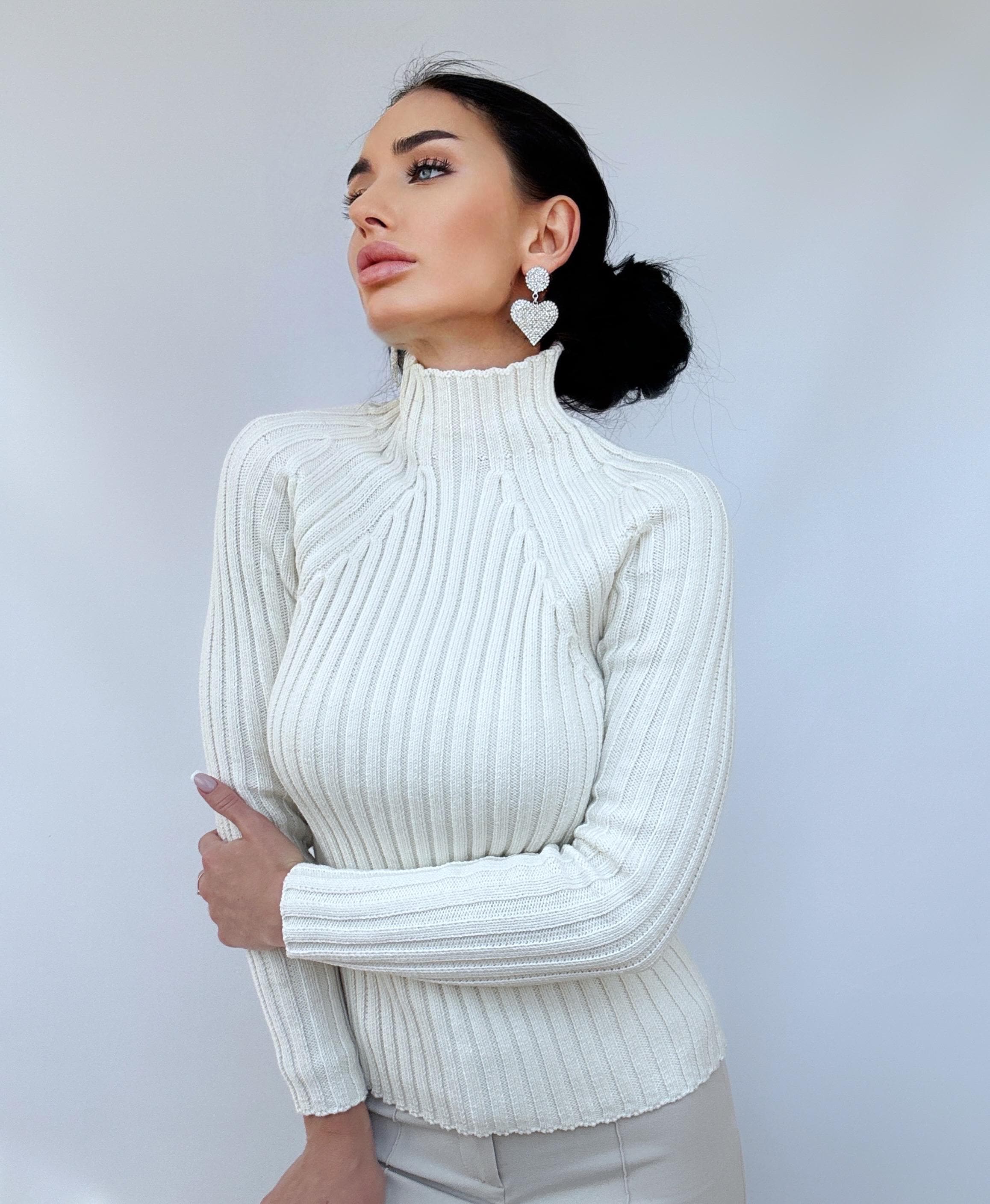 Organic Cotton Knit White Turtleneck for women Ribbed Knitted Sweater Passion Long Sleeve Sweater Comfortable body-friendly longsleve
