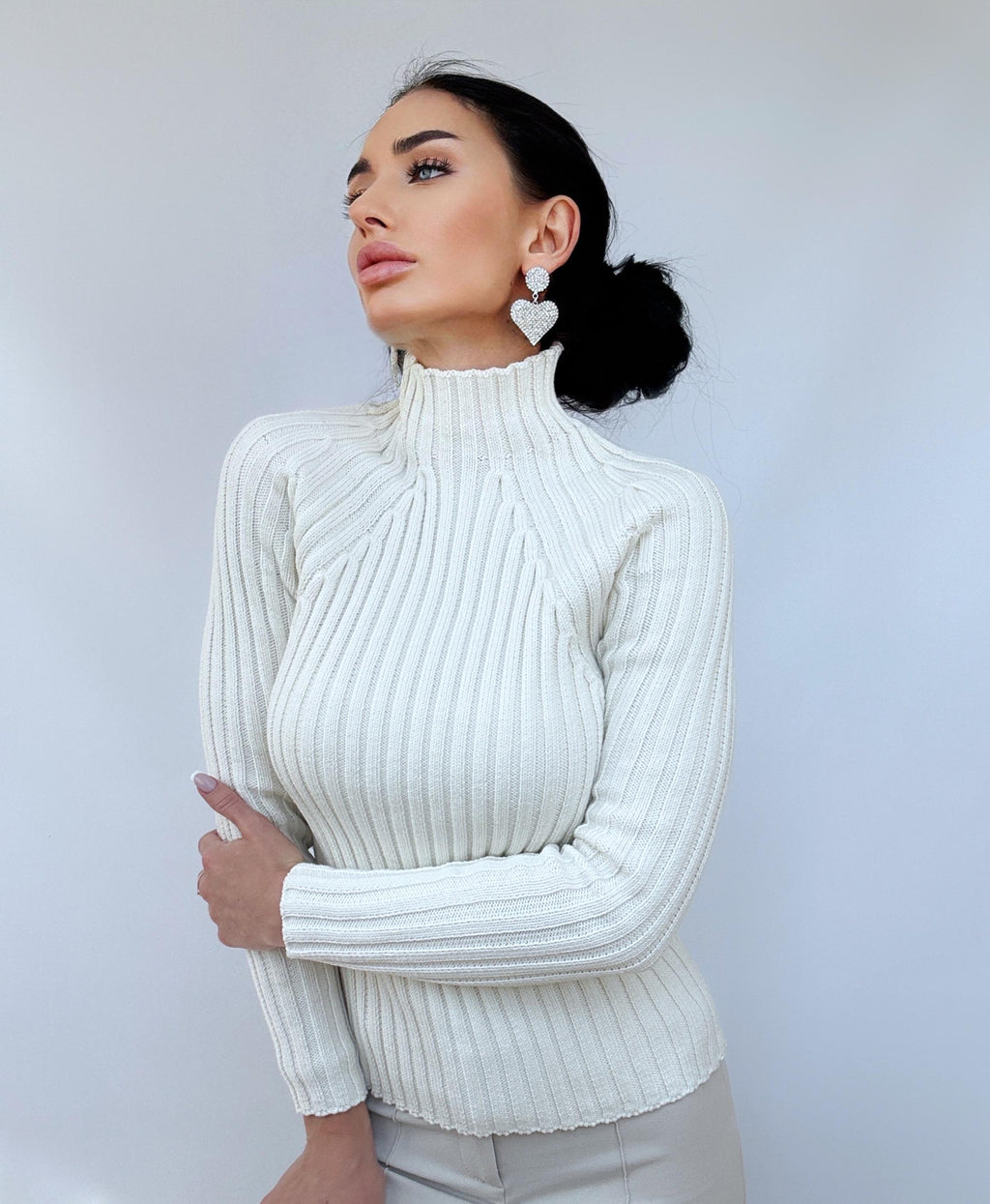 Organic Cotton Knit White Turtleneck for women Ribbed Knitted Sweater Passion Long Sleeve Sweater Comfortable body-friendly longsleve