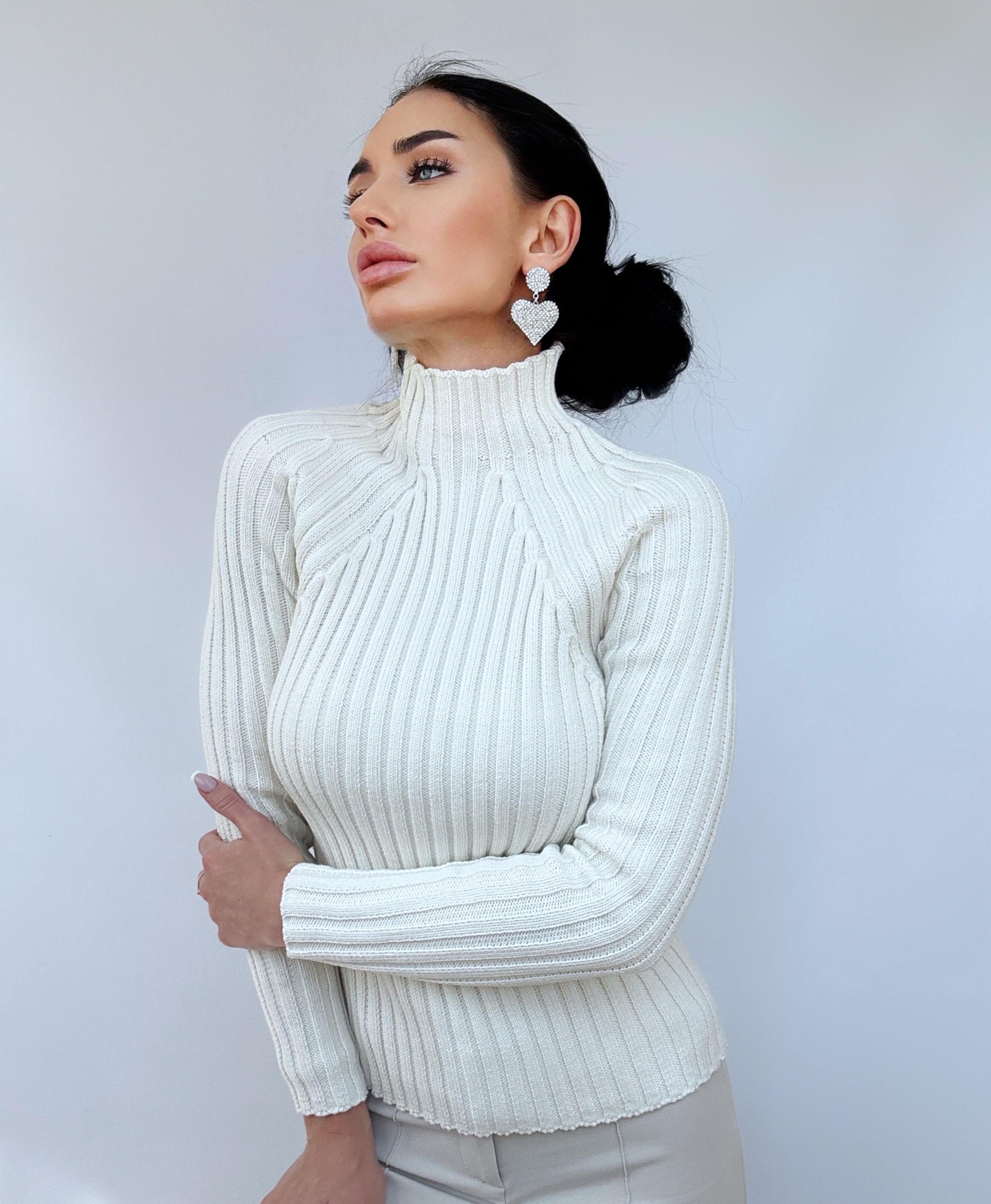 Organic Cotton Knit White Turtleneck for women Ribbed Knitted Sweater Passion Long Sleeve Sweater Comfortable body-friendly longsleve