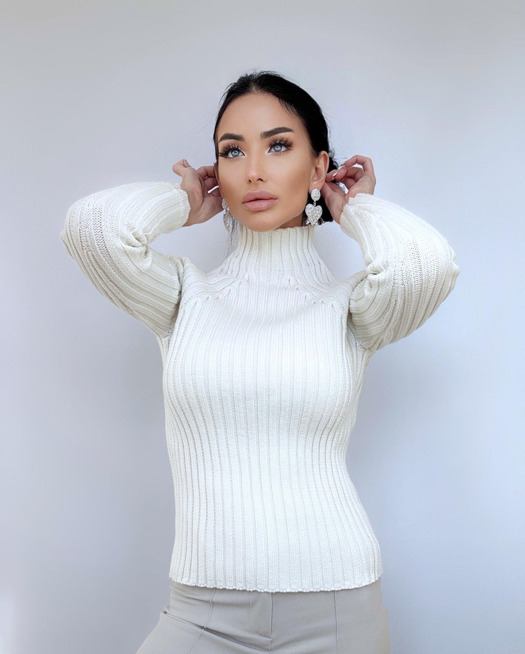 Organic Cotton Knit White Turtleneck for women Ribbed Knitted Sweater Passion Long Sleeve Sweater Comfortable body-friendly longsleve