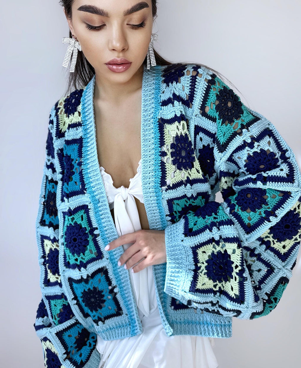 Crochet colorful organc cotton blue green granny square cardigan Floral Patchwork bomber women Jacket coat Boho cardigan Afghan Coat Festiva