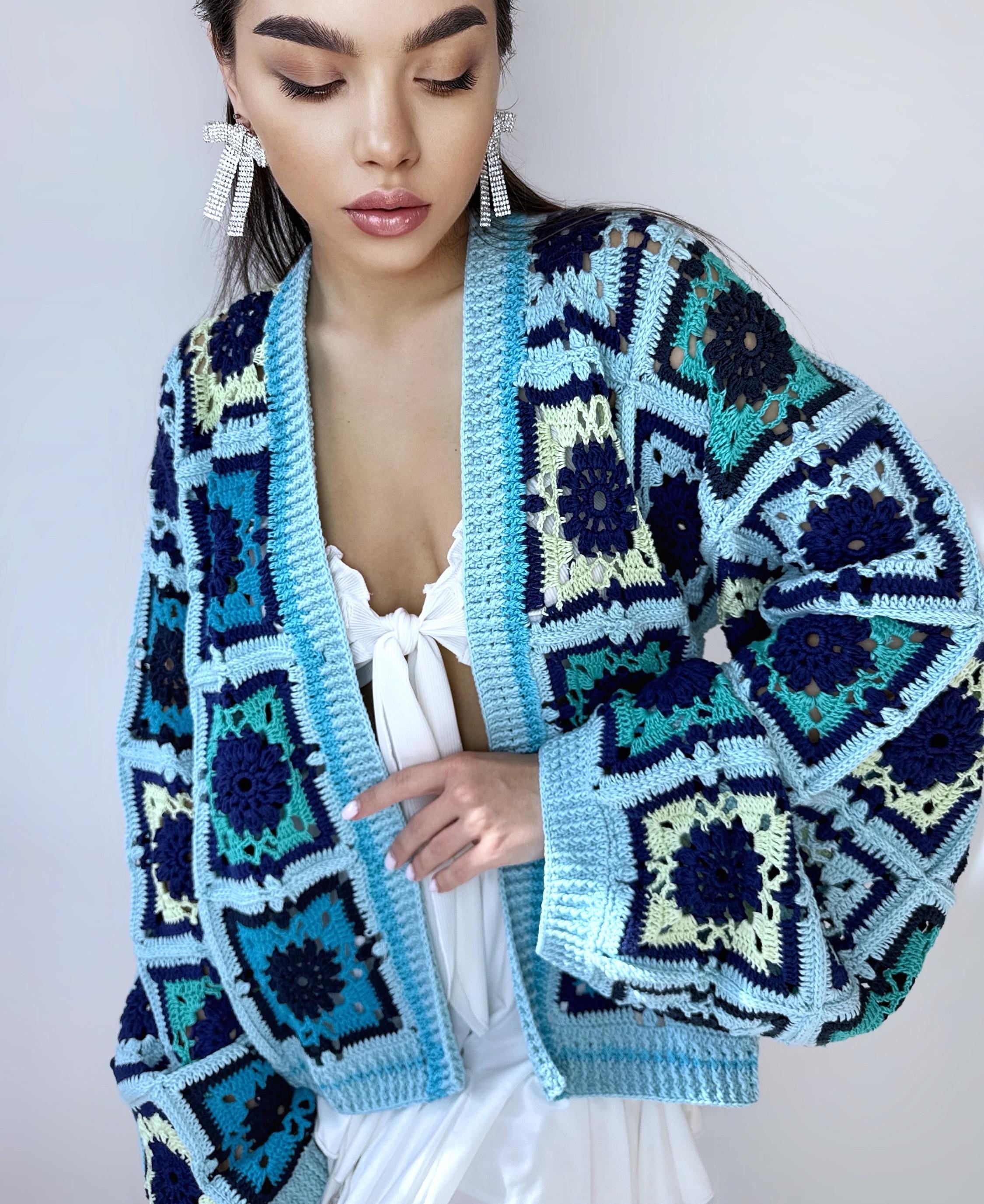 Crochet colorful organc cotton blue green granny square cardigan Floral Patchwork bomber women Jacket coat Boho cardigan Afghan Coat Festiva