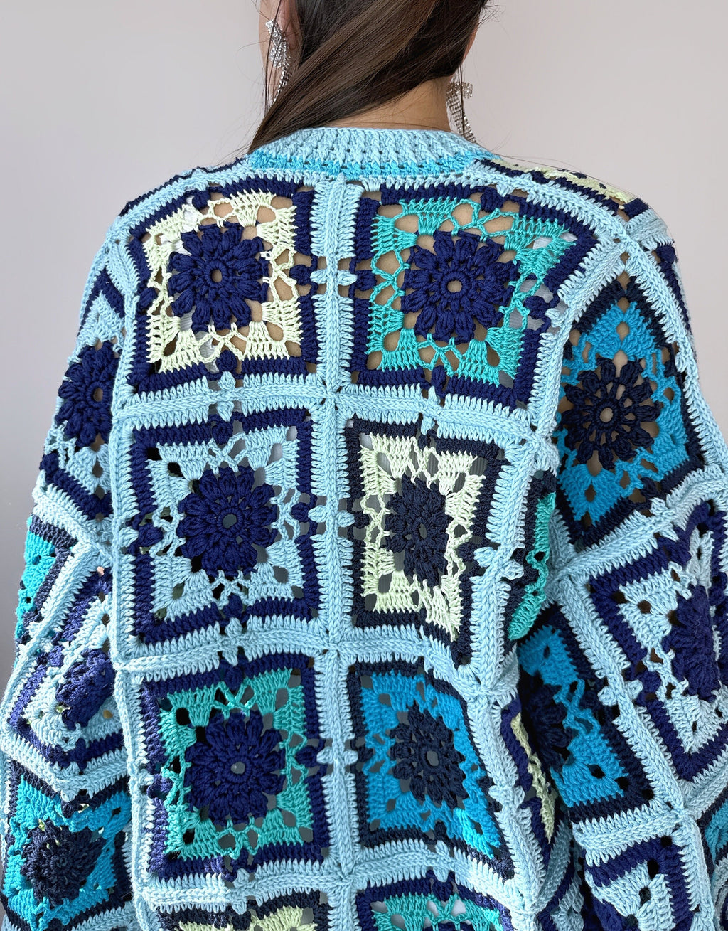 Crochet colorful organc cotton blue green granny square cardigan Floral Patchwork bomber women Jacket coat Boho cardigan Afghan Coat Festiva