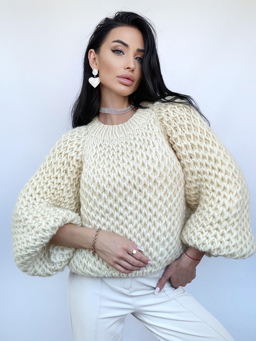 Cable knit alpaca wool Austrian wool Milk White sweater Hand knit Pastel cropped sweater Chunky knit crop Fall jumper Oversized sweater