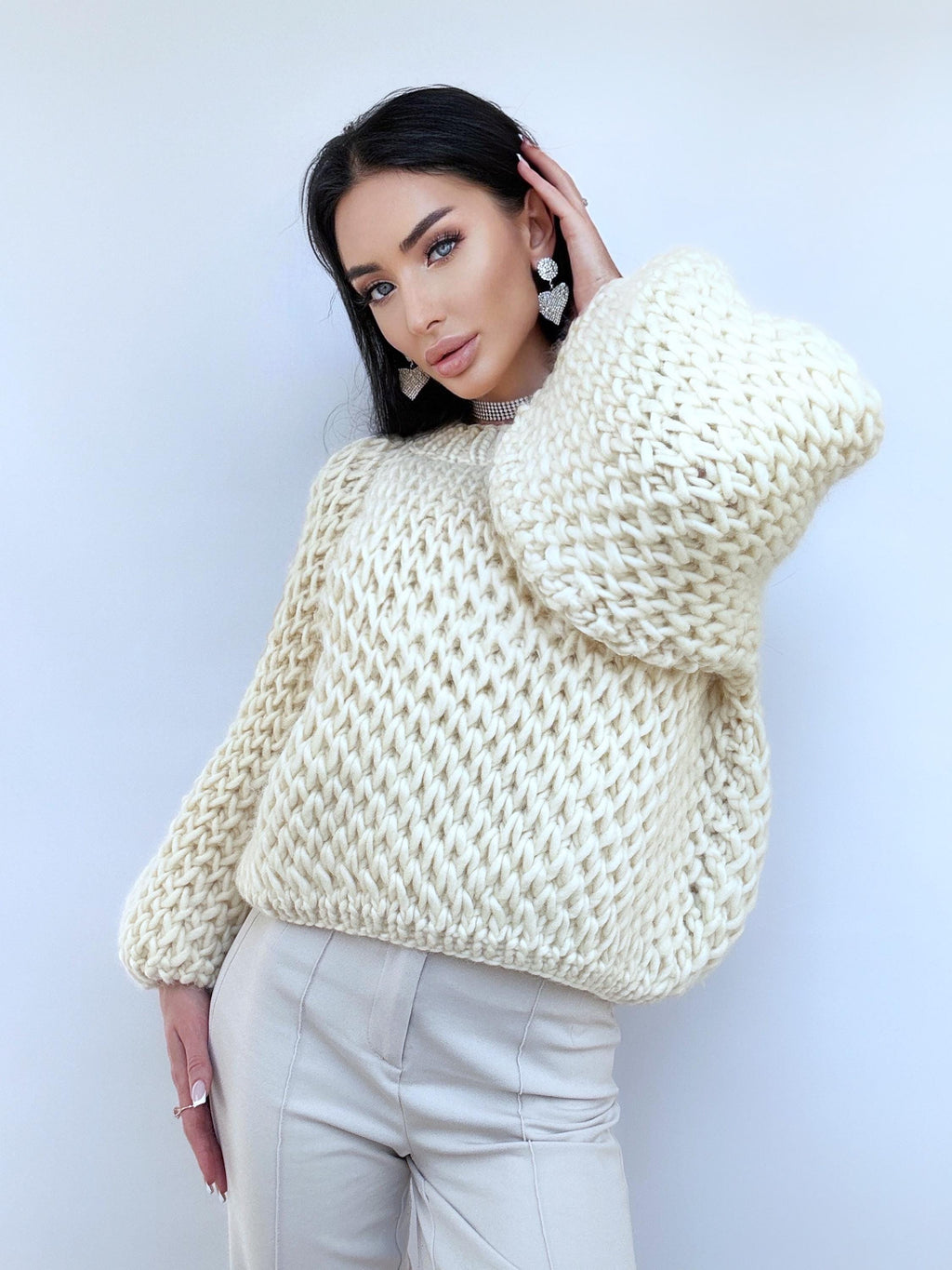 Cable knit alpaca wool Austrian wool Milk White sweater Hand knit Pastel cropped sweater Chunky knit crop Fall jumper Oversized sweater