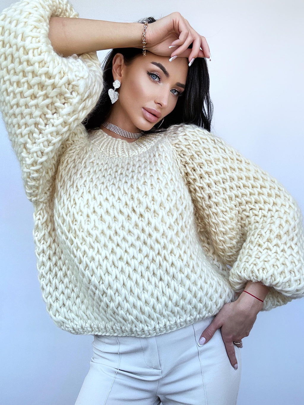 Cable knit alpaca wool Austrian wool Milk White sweater Hand knit Pastel cropped sweater Chunky knit crop Fall jumper Oversized sweater