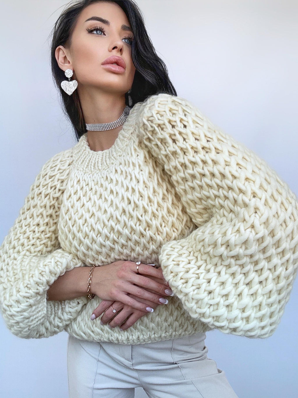 Cable knit alpaca wool Austrian wool Milk White sweater Hand knit Pastel cropped sweater Chunky knit crop Fall jumper Oversized sweater