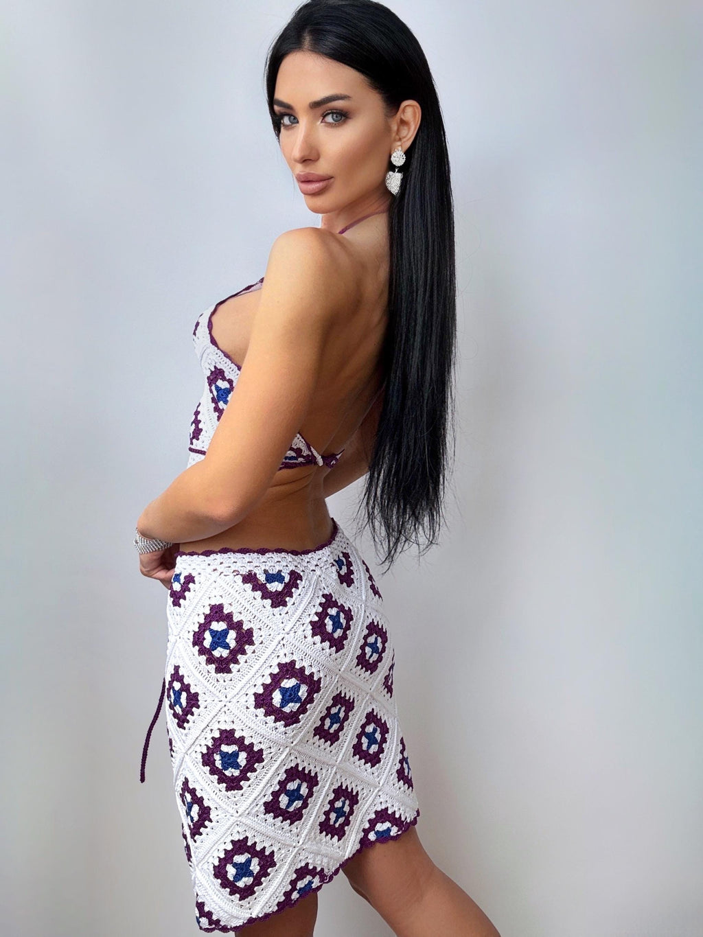 Crochet cotton white two pieces set Top & Skirt Mini Dress Granny Square Open back Summer costume Festival Outfit Beach suit dress Cover up