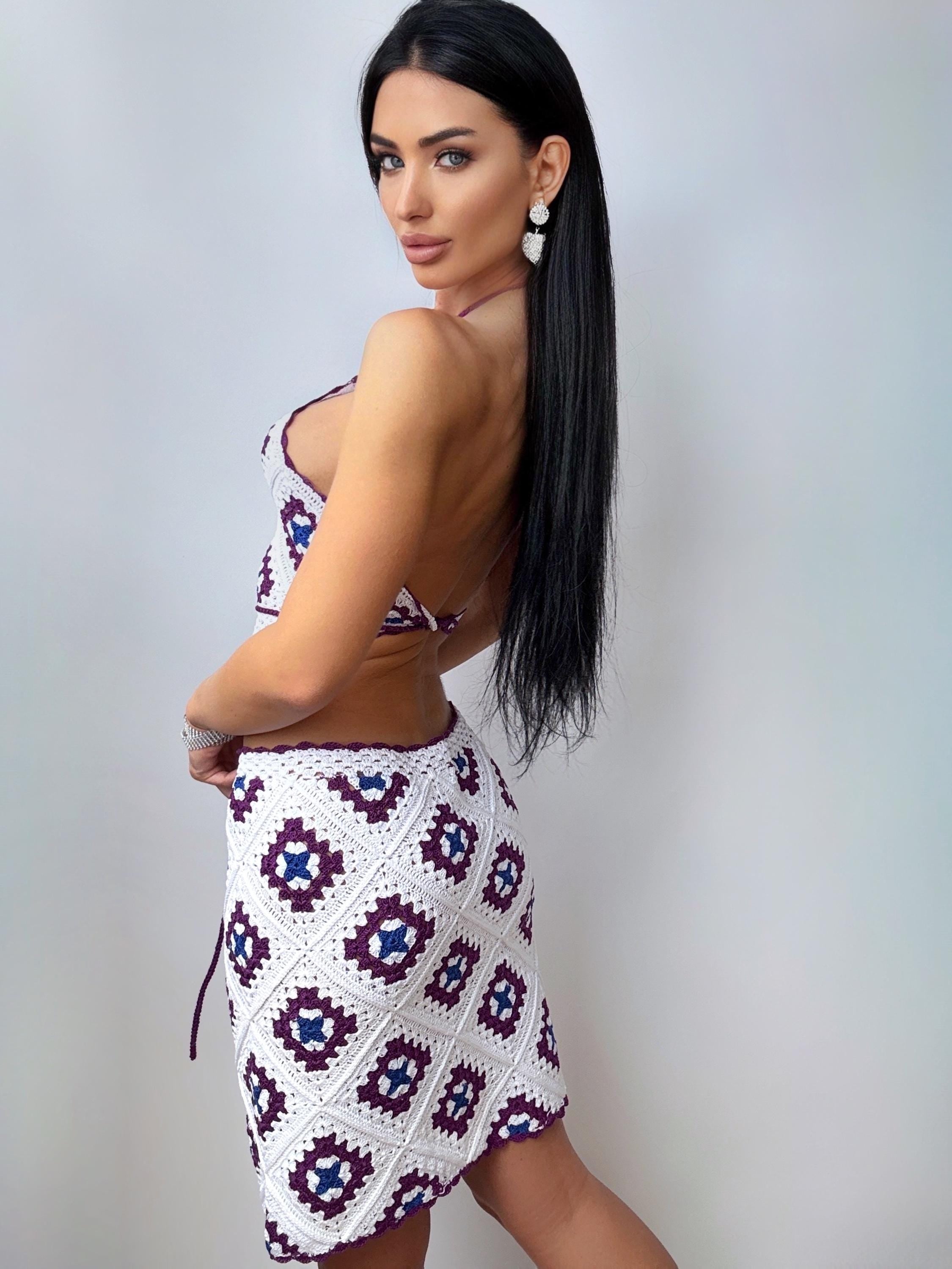 Crochet cotton white two pieces set Top & Skirt Mini Dress Granny Square Open back Summer costume Festival Outfit Beach suit dress Cover up