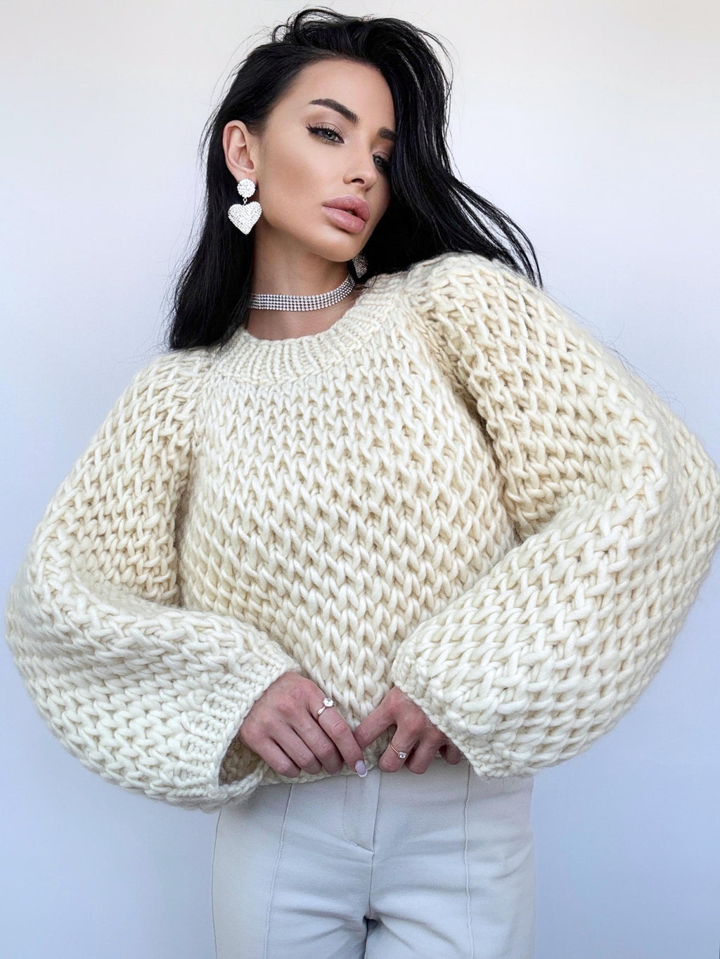 Cable knit alpaca wool Austrian wool Milk White sweater Hand knit Pastel cropped sweater Chunky knit crop Fall jumper Oversized sweater