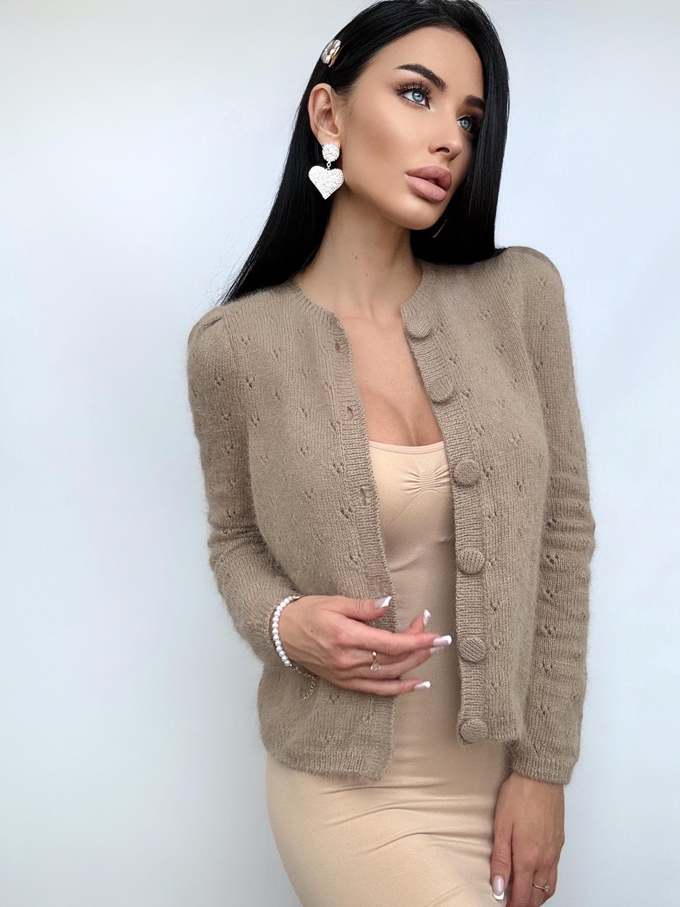 Angora cropped cardigan women Wedding vintage cardigan Angora sweater Beige knitted coat Jacket Wool bolero buttons Fluffy short cardigan