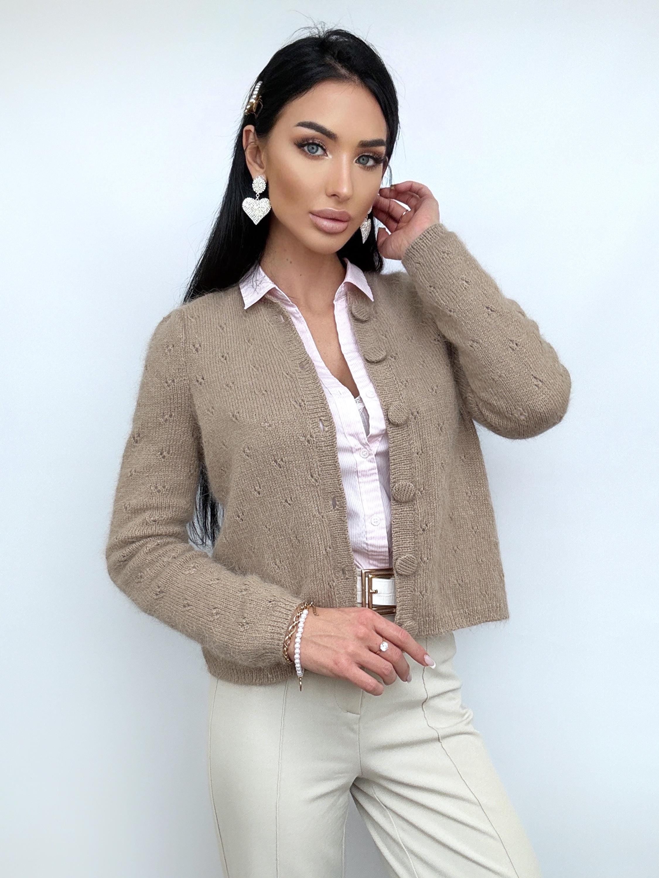 Angora cropped cardigan women Wedding vintage cardigan Angora sweater Beige knitted coat Jacket Wool bolero buttons Fluffy short cardigan