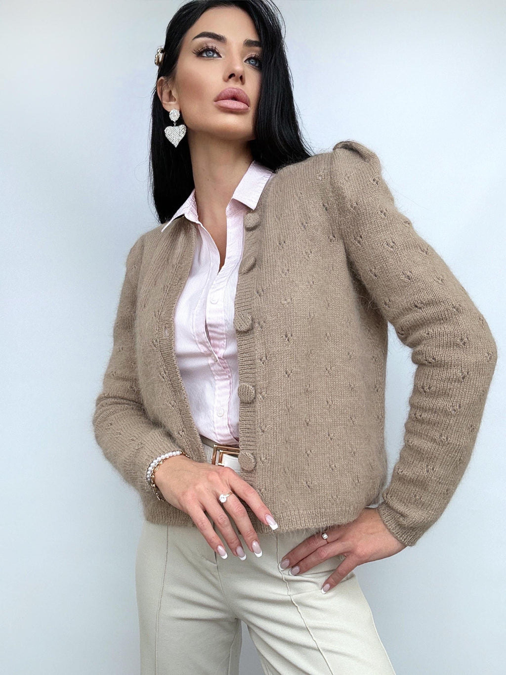 Angora cropped cardigan women Wedding vintage cardigan Angora sweater Beige knitted coat Jacket Wool bolero buttons Fluffy short cardigan