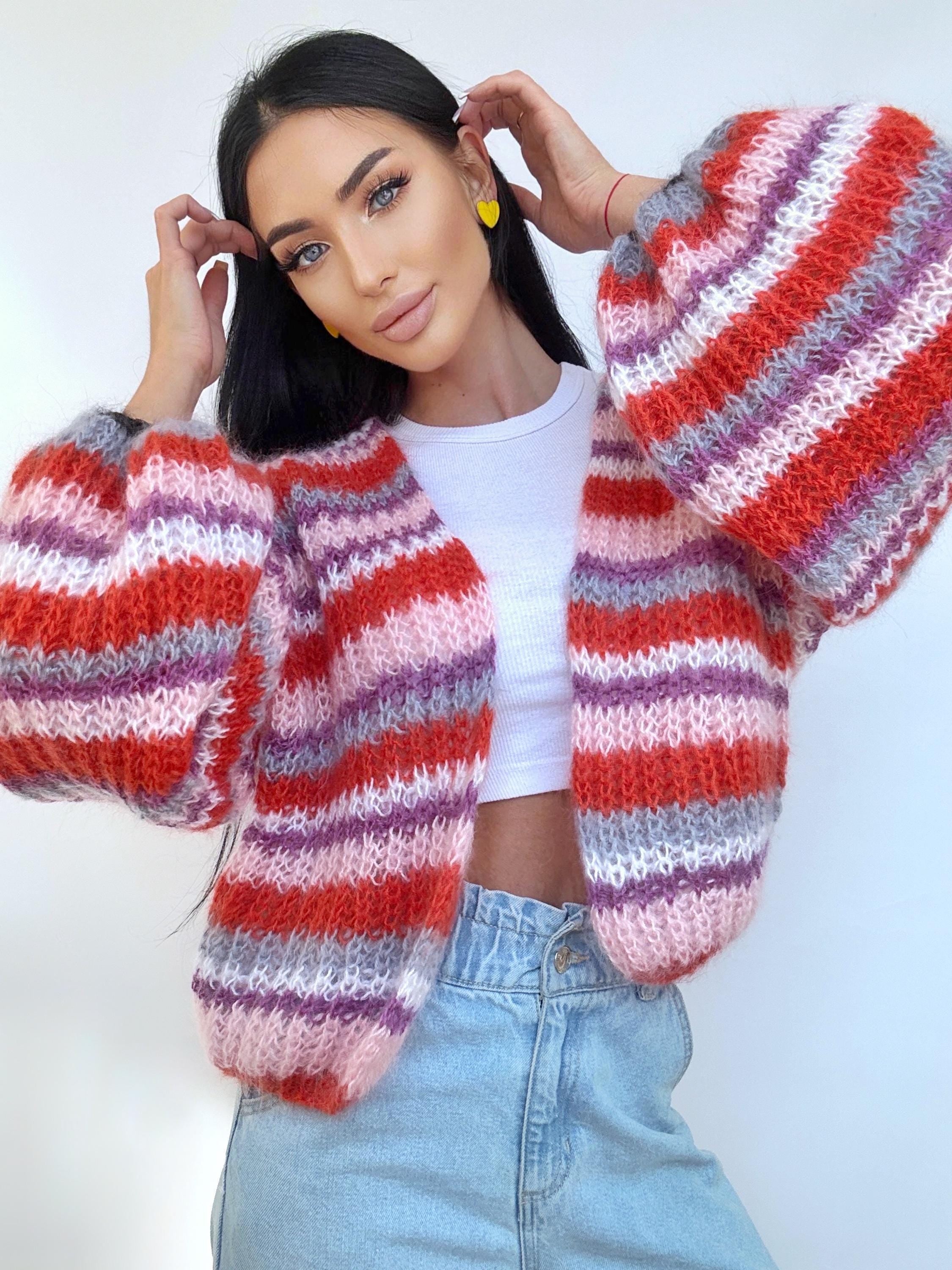 Hand knit mohair striped patchwork cardigan sweater Chunky knit colour block cardigan Multicolour Sweater Colourful Oversized Cardigan