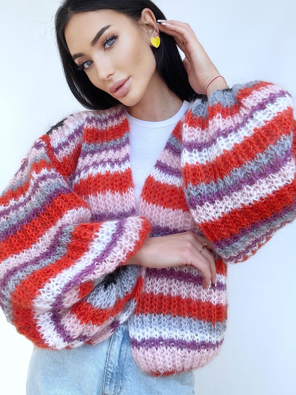 Hand knit mohair striped patchwork cardigan sweater Chunky knit colour block cardigan Multicolour Sweater Colourful Oversized Cardigan