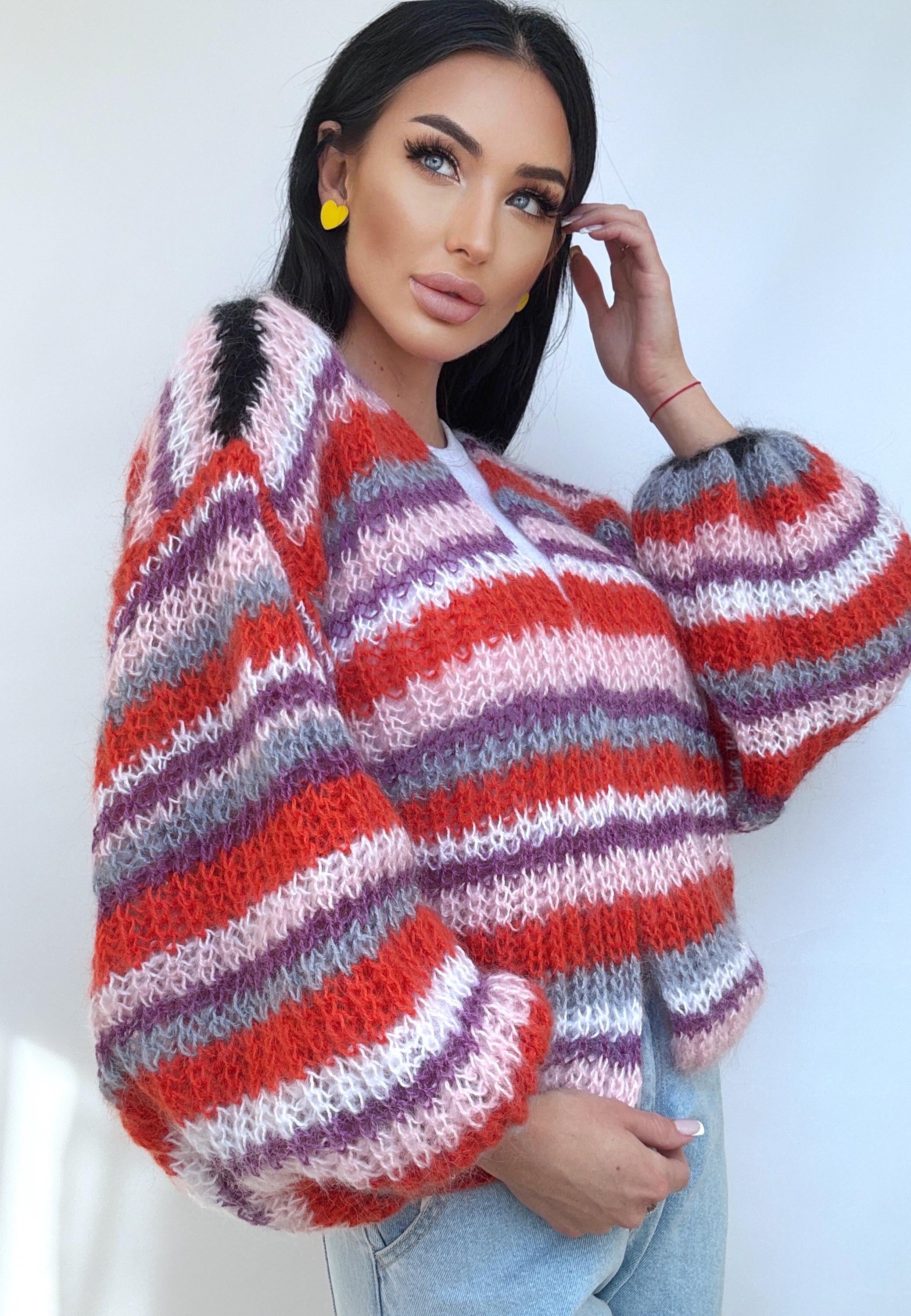 Hand knit mohair striped patchwork cardigan sweater Chunky knit colour block cardigan Multicolour Sweater Colourful Oversized Cardigan