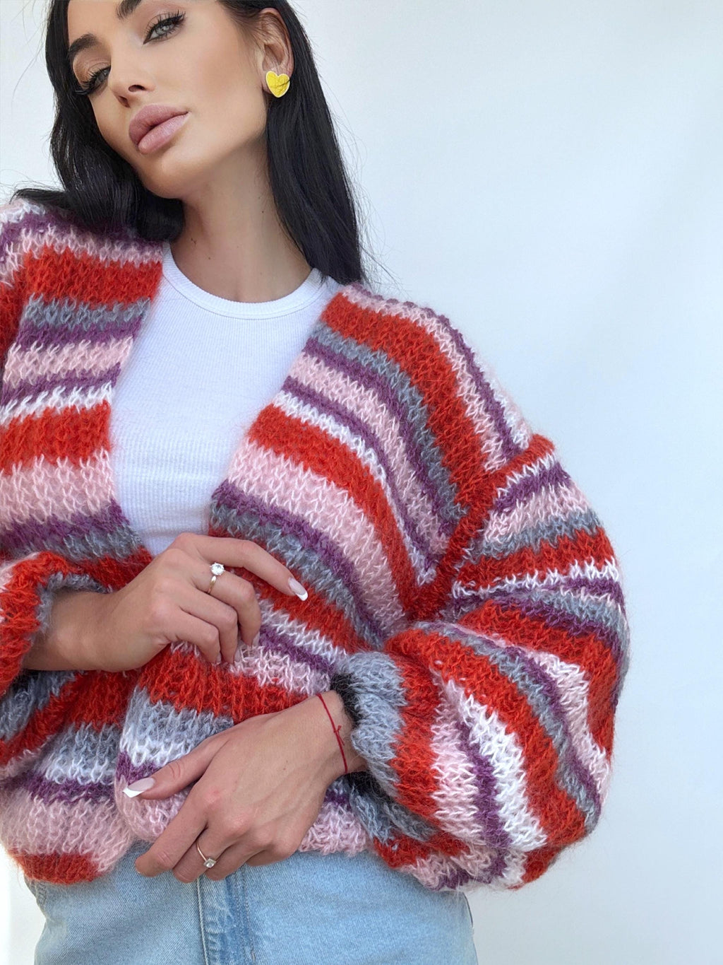 Hand knit mohair striped patchwork cardigan sweater Chunky knit colour block cardigan Multicolour Sweater Colourful Oversized Cardigan