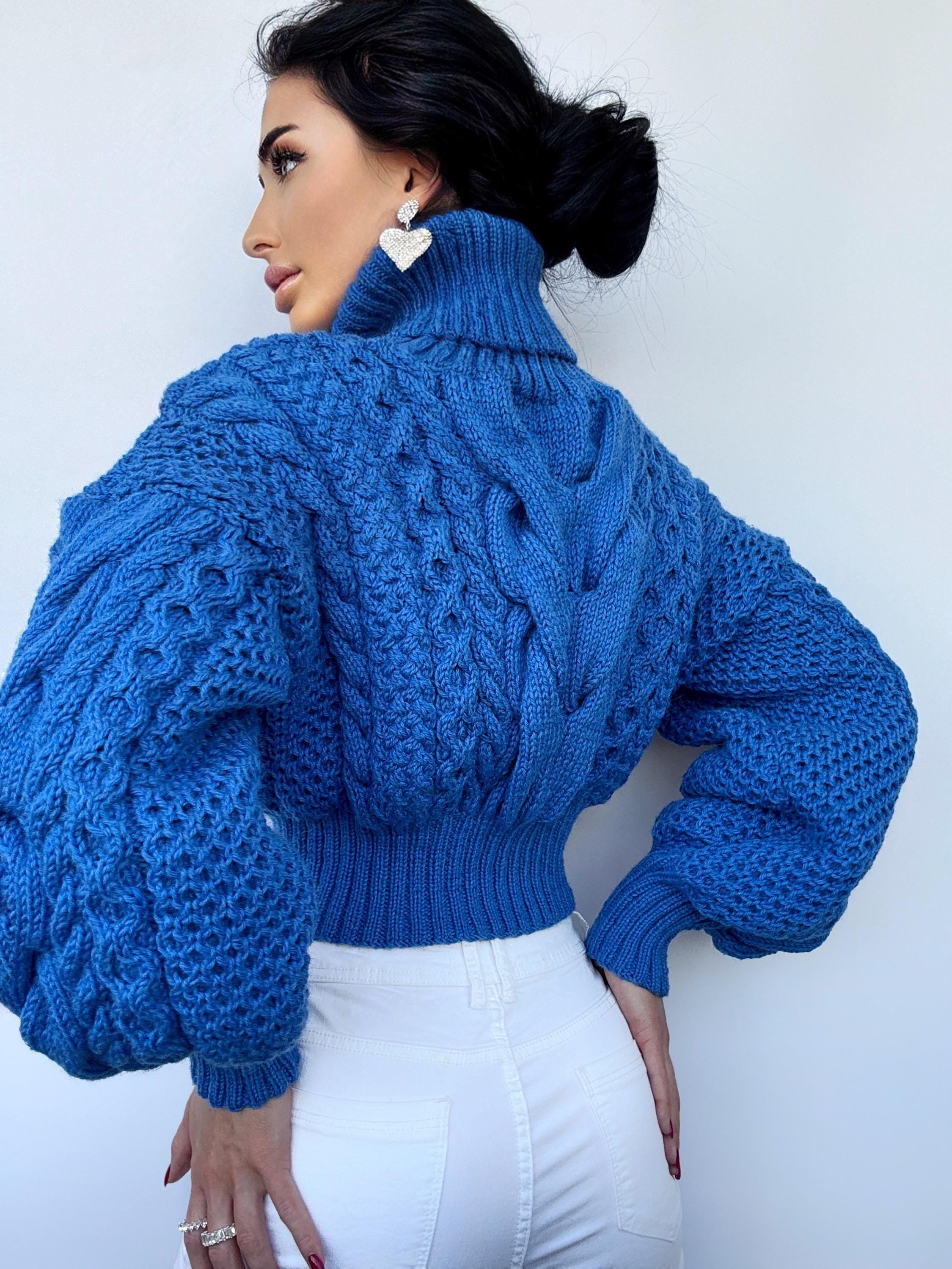 Crop hand knitted blue sweater Chunky Knit Turtleneck Oversized Pullover Women's Cable knit Jumper merino wool winter sweater