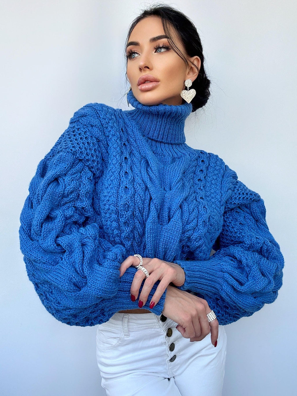 Hand knitted merino wool blue sweater Chunky Knit Turtleneck Oversized Pullover Women's Cable knit Jumper Cropped winter sweater
