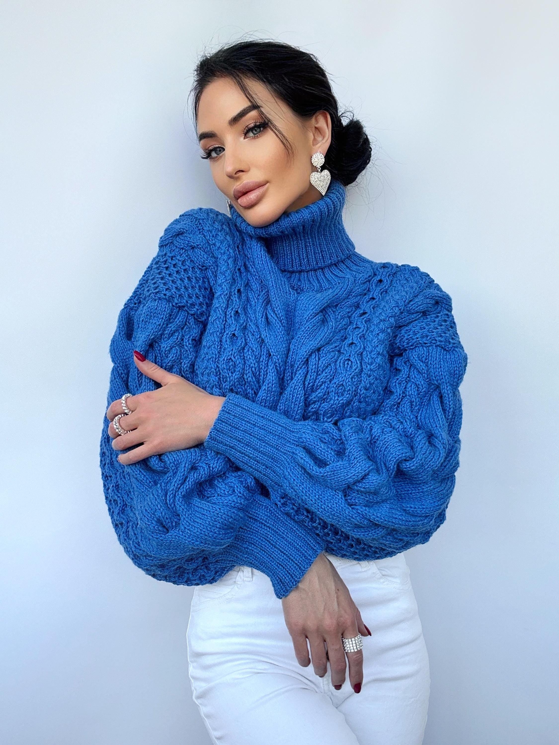 Crop hand knitted blue sweater Chunky Knit Turtleneck Oversized Pullover Women's Cable knit Jumper merino wool winter sweater