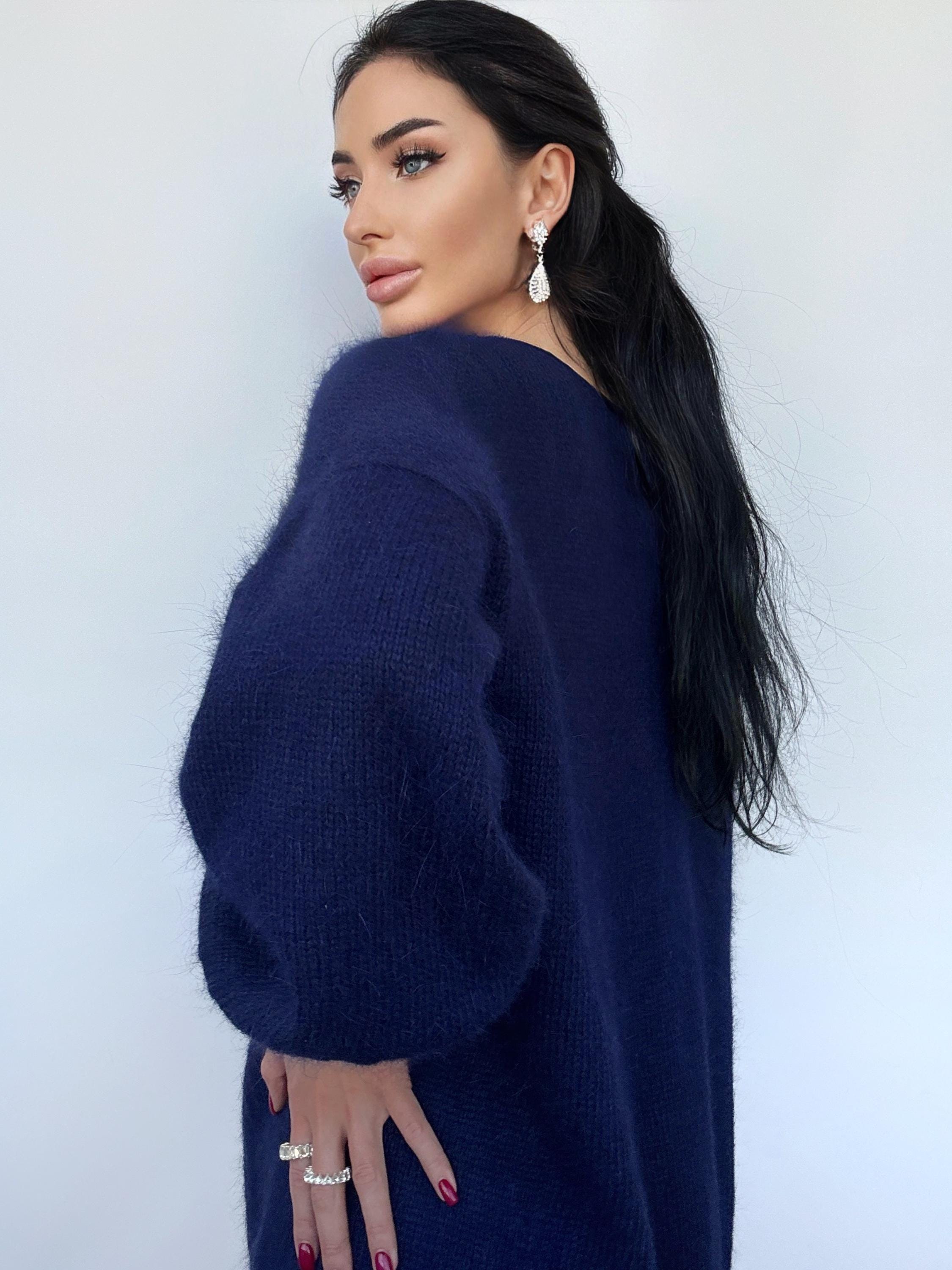 Dark blue angora knit sweater Knit fluffy angora pullover Round collar Loose fit oversized Long sleeve Cozy sweater dress gift her