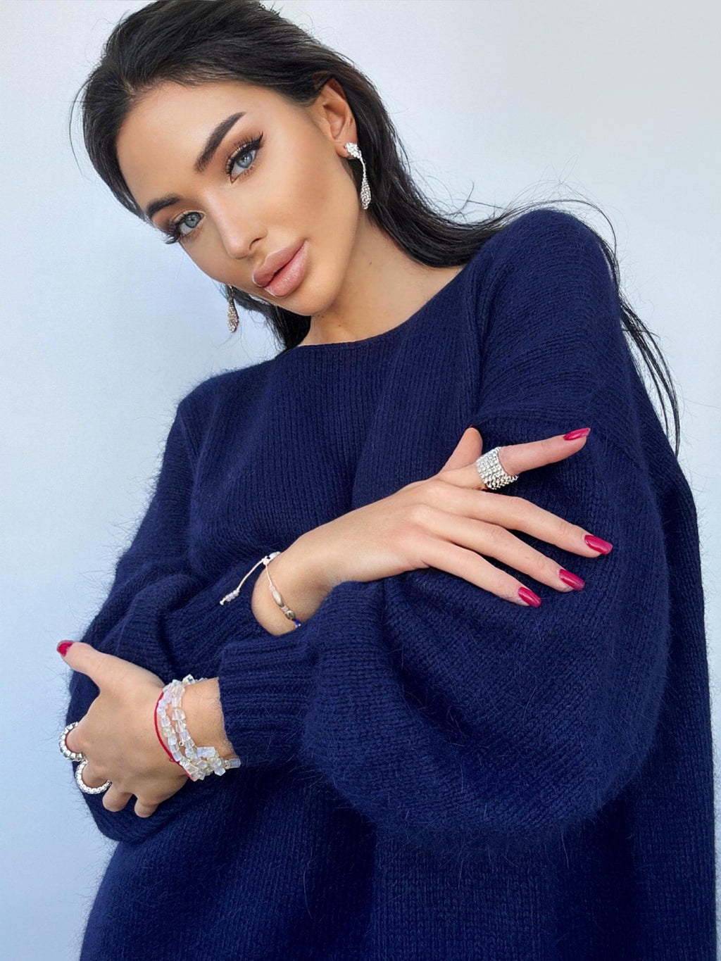 Dark blue angora knit sweater Knit fluffy angora pullover Round collar Loose fit oversized Long sleeve Cozy sweater dress gift her