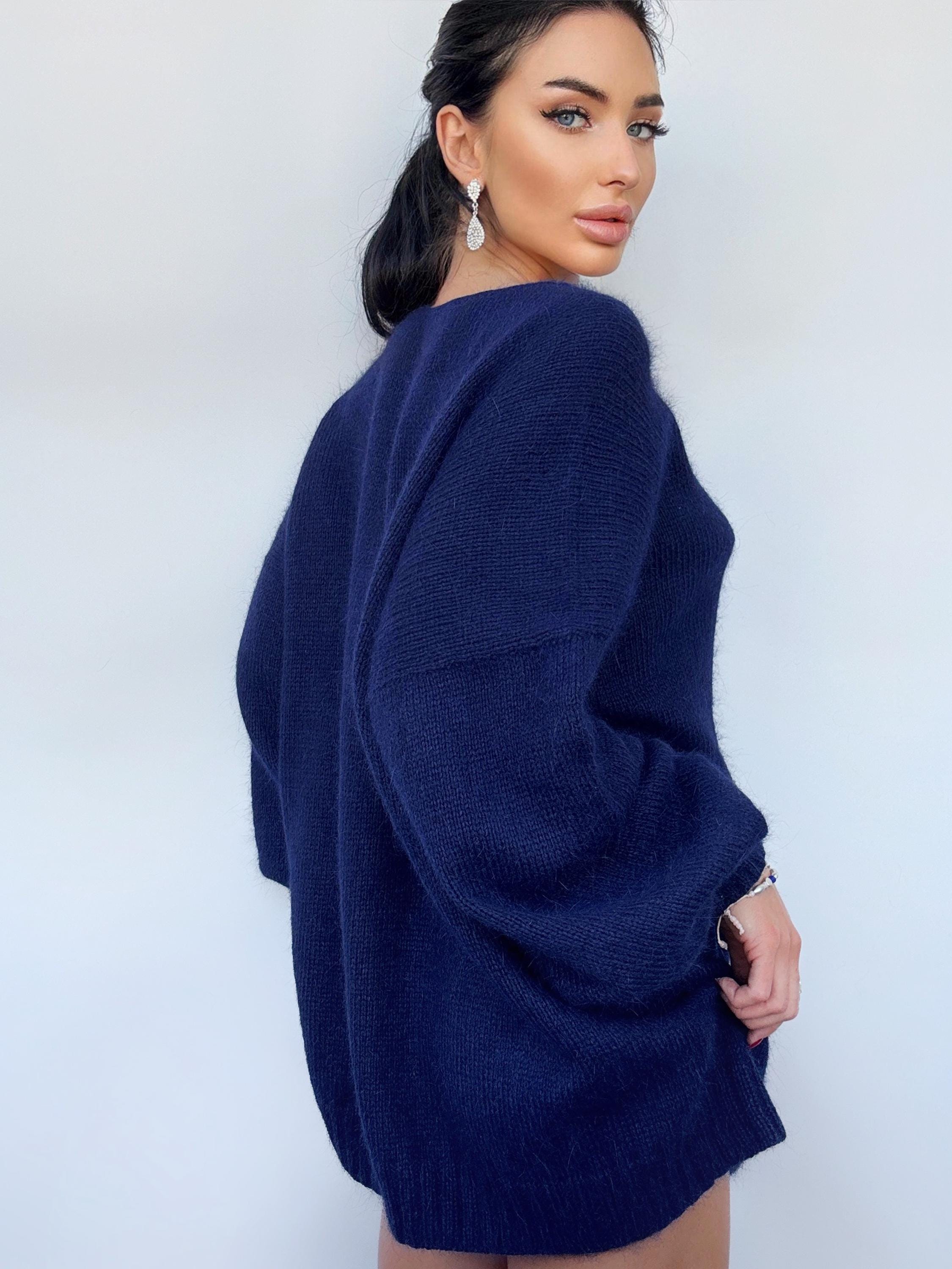 Dark blue angora knit sweater Knit fluffy angora pullover Round collar Loose fit oversized Long sleeve Cozy sweater dress gift her