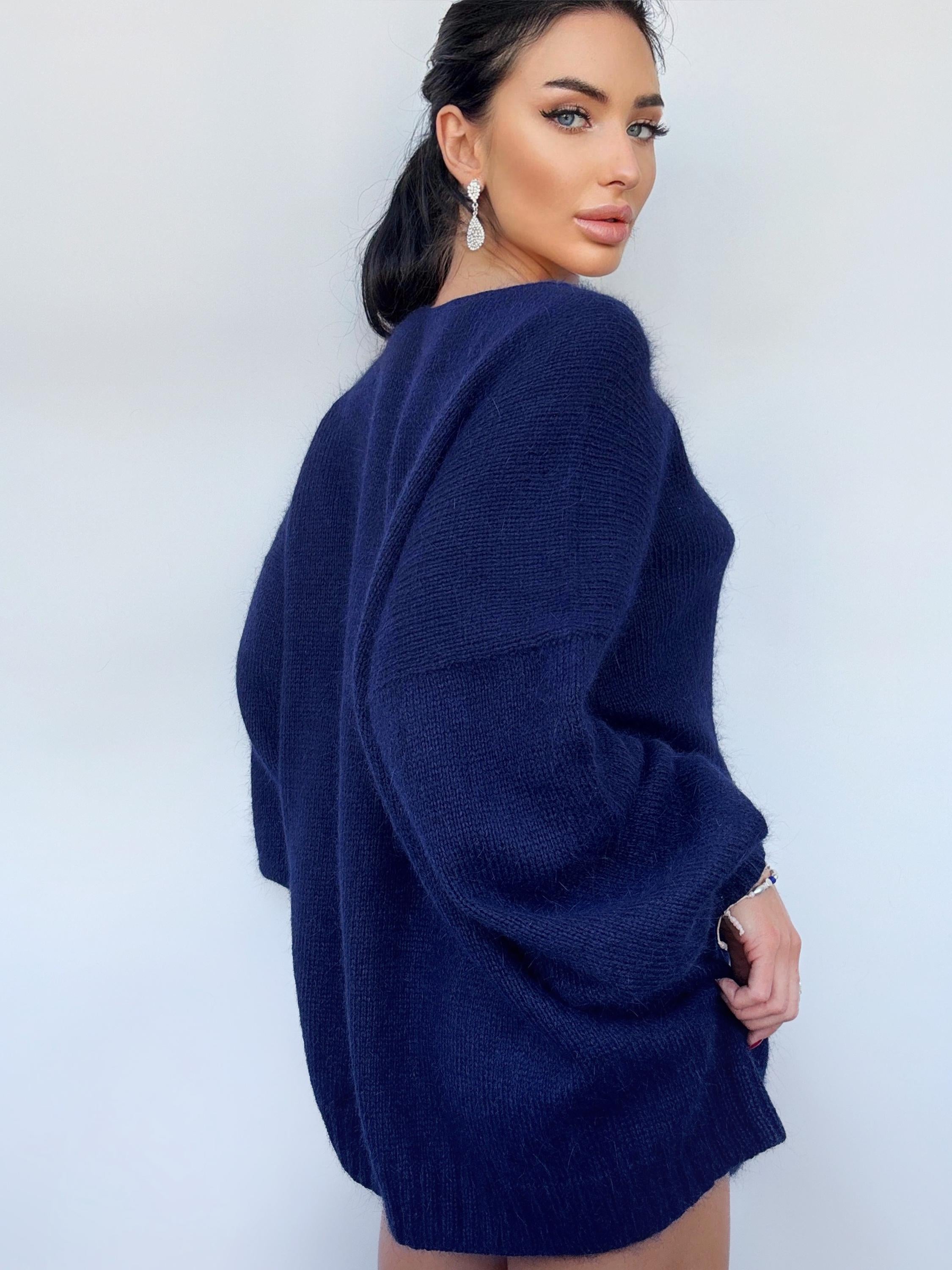 Dark blue angora knit sweater Knit fluffy angora pullover Round collar Loose fit oversized Long sleeve Cozy sweater dress gift her