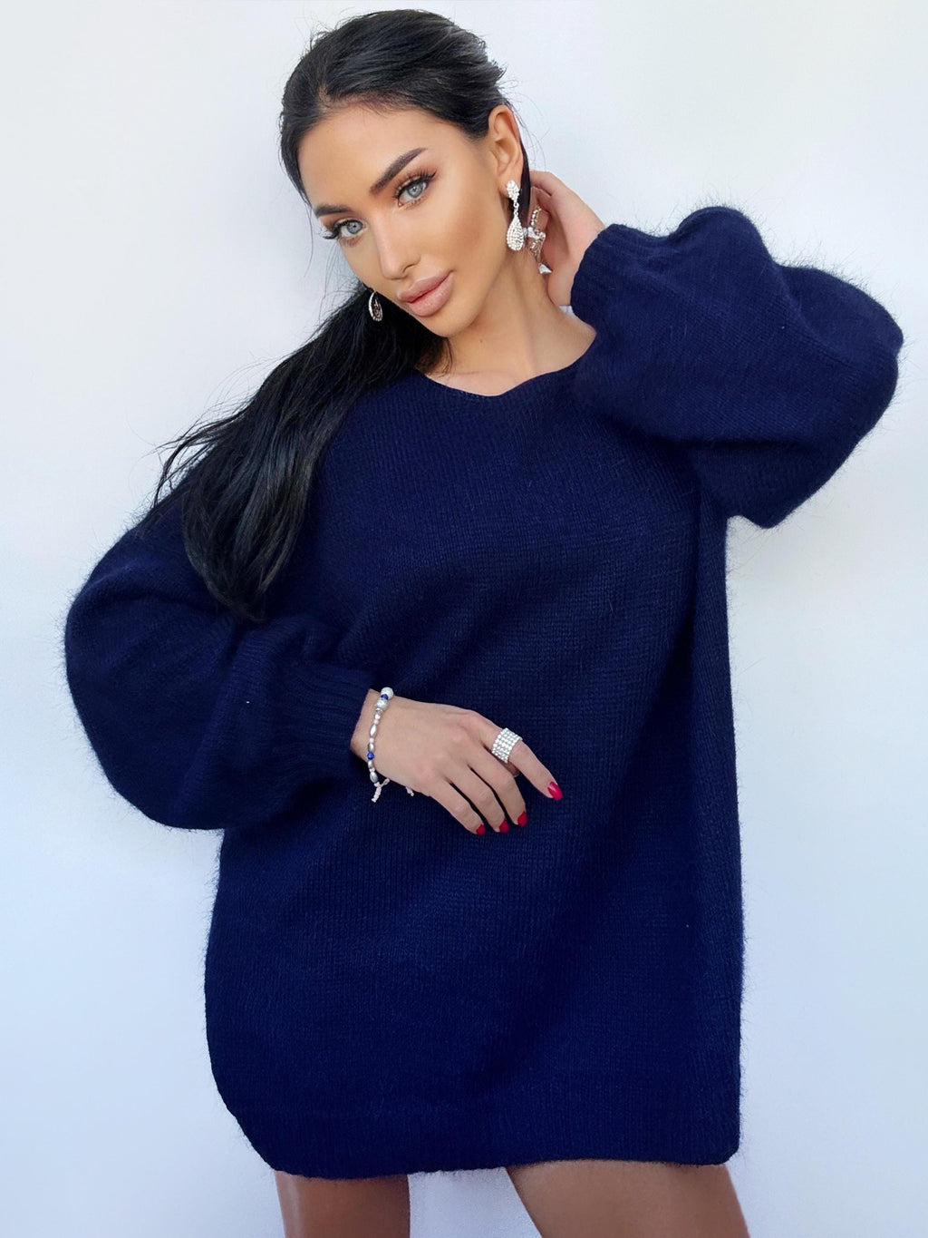 Dark blue angora knit sweater Knit fluffy angora pullover Round collar Loose fit oversized Long sleeve Cozy sweater dress gift her