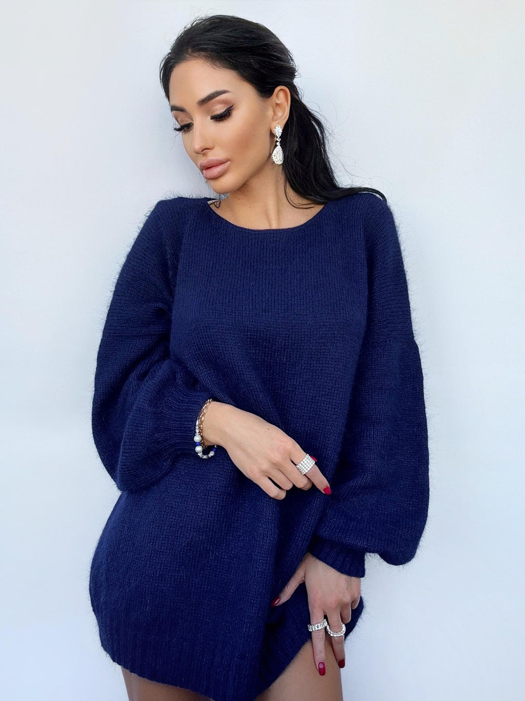 Dark blue angora knit sweater Knit fluffy angora pullover Round collar Loose fit oversized Long sleeve Cozy sweater dress gift her