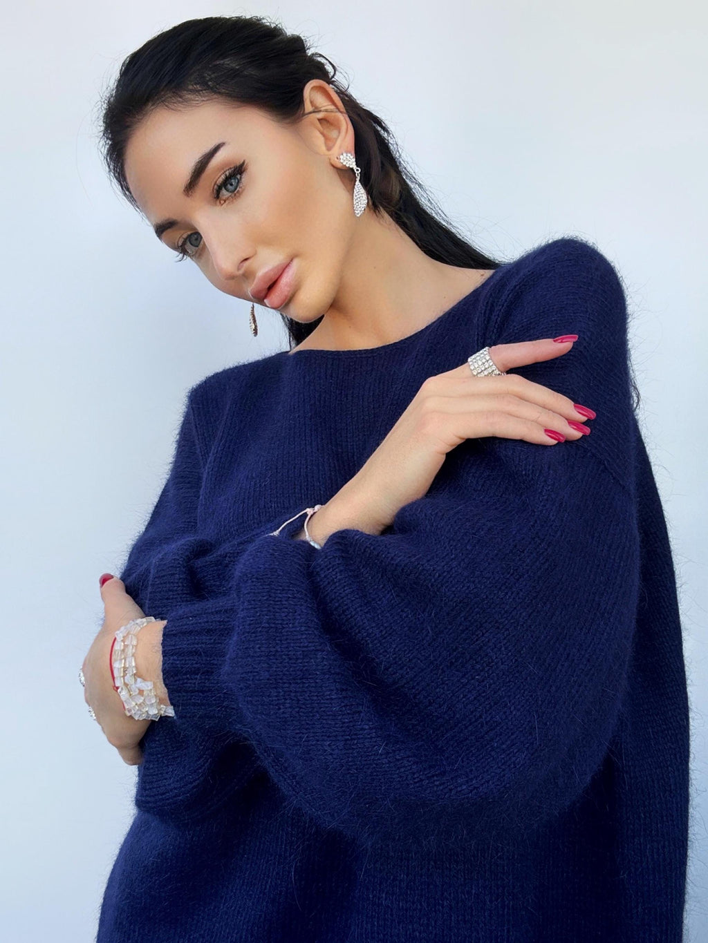 Dark blue angora knit sweater Knit fluffy angora pullover Round collar Loose fit oversized Long sleeve Cozy sweater dress gift her
