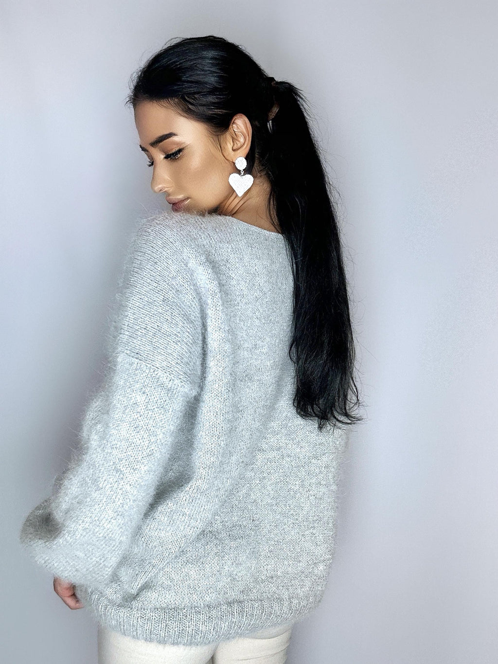 Gray melange angora knit sweater Knit fluffy angora pullover Round collar Loose fit oversized Long sleeve Cozy sweater dress gift her