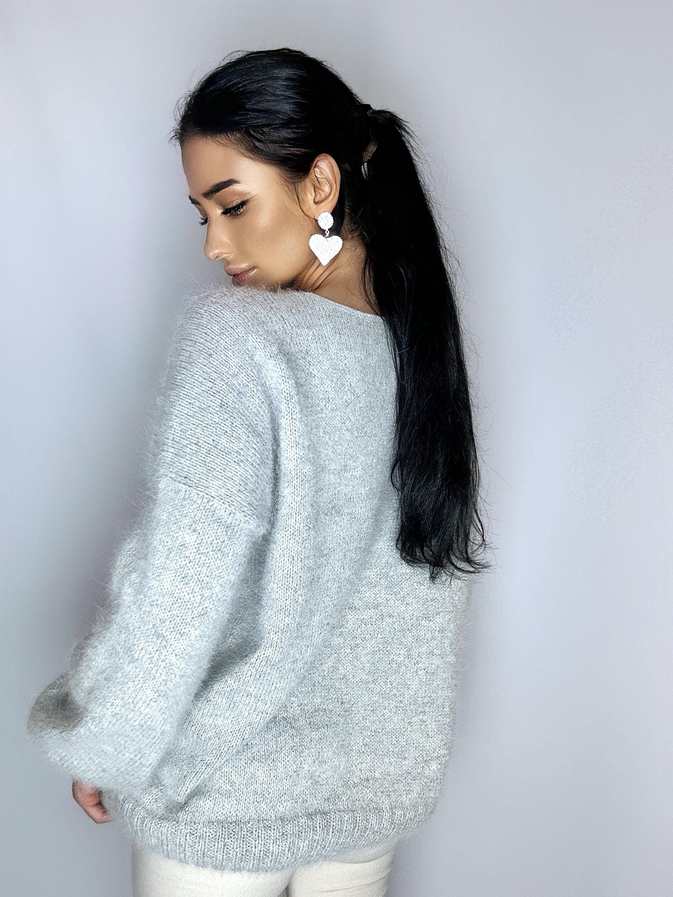 Gray melange angora knit sweater Knit fluffy angora pullover Round collar Loose fit oversized Long sleeve Cozy sweater dress gift her