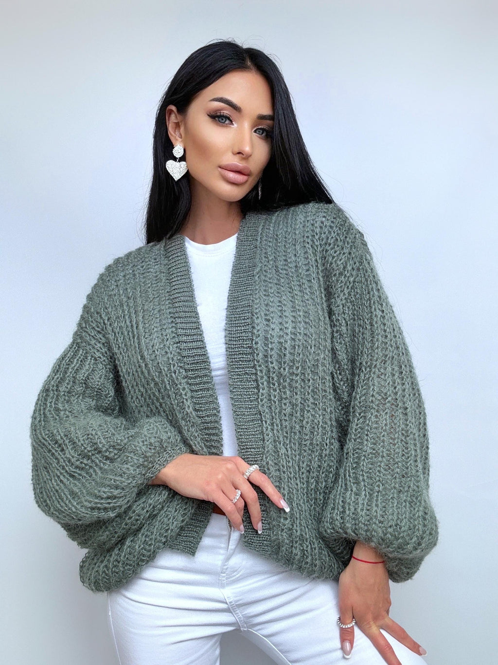 Knit mohair wool Khaki Green cardigan women Wedding cardigan Mohair sweater knitted coat Jacket Women Wool Fluffy crop bolero cardigan